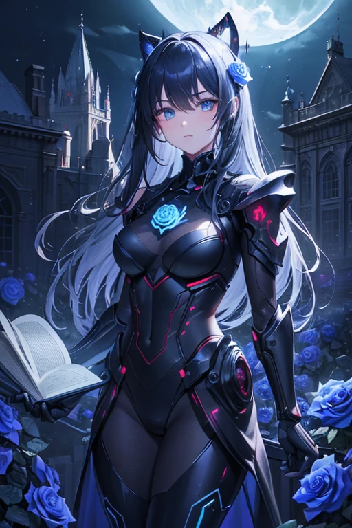 masterpiece,high quality,Super detailed,super fine illustration,8k,dynamic scenes,beautiful background,horror style,robotics,Robot,Head is Night Frame,Blue glowing twin eyes,On my back2Book Rapier,The shoulder emblem is a rose,(beautiful background:Victoria Palace,Roses are blooming all around)