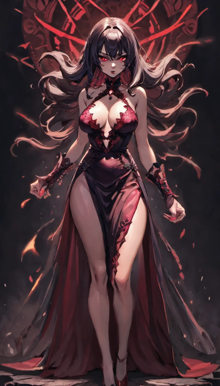 realistic, Dark fantasy, 1 woman, vampire, beautiful, extremely detailed face, perfect breasts and cleavage, beautiful long legs, long hair and inticate hairstyle, very detailed long dress with a large slit, cinematic lighting, dramatic shadows, moody colors, chiaroscuro, dramatic atmosphere, masterpiece, high quality, 8k, photorealistic