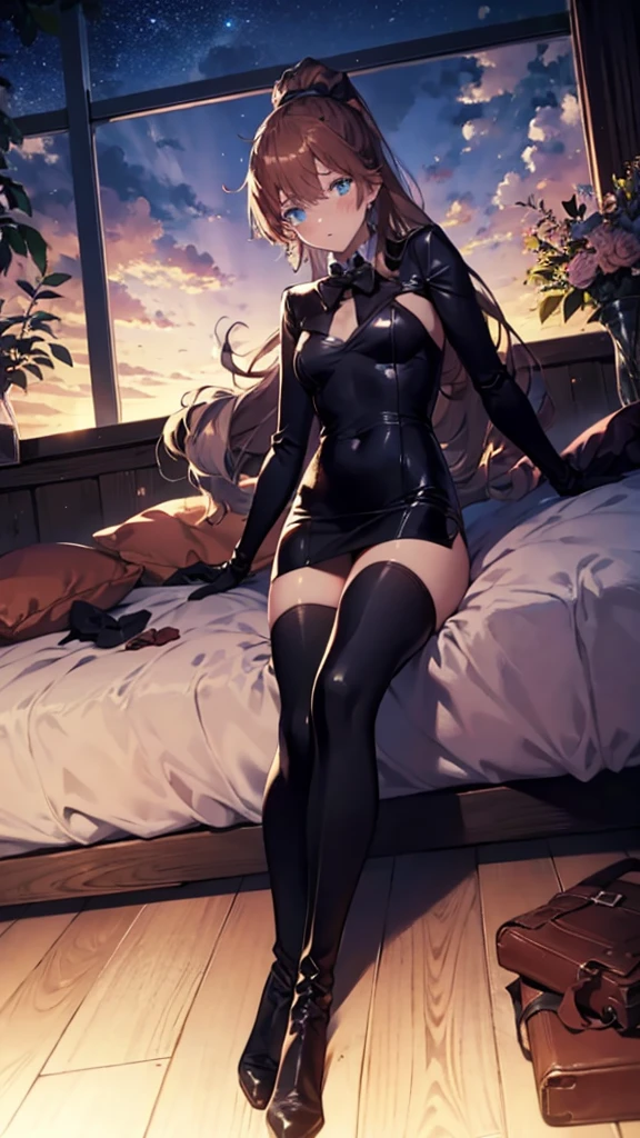 (full body),Tabletop, highest quality,Lie on your back in bed，Show me your boots，Thigh-high boots，Black Stockings，Black gloves，Strange thief，elegant, One Girl, Muscular，cute, Blushed, View Viewer, From below,Pink mini skirt, prison，blue eyes, Beautiful Eyes, Beautiful background, Light Particles, Light of the sun, Dramatic lighting, outside, Shiny, Realistic, Tabletop, highest quality, 超detailed, detailed, scenery, Beautiful fine details, Fine hair