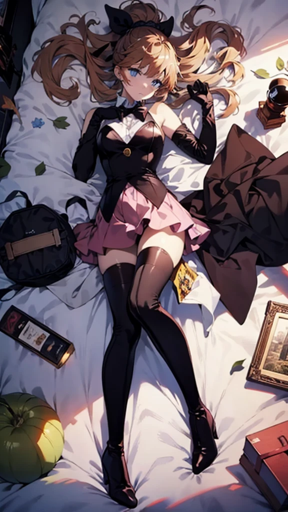 (full body),Tabletop, highest quality,Lie on your back in bed，Show me your boots，Thigh-high boots，Black Stockings，Black gloves，Strange thief，elegant, One Girl, Muscular，cute, Blushed, View Viewer, From below,Pink mini skirt, prison，blue eyes, Beautiful Eyes, Beautiful background, Light Particles, Light of the sun, Dramatic lighting, outside, Shiny, Realistic, Tabletop, highest quality, 超detailed, detailed, scenery, Beautiful fine details, Fine hair