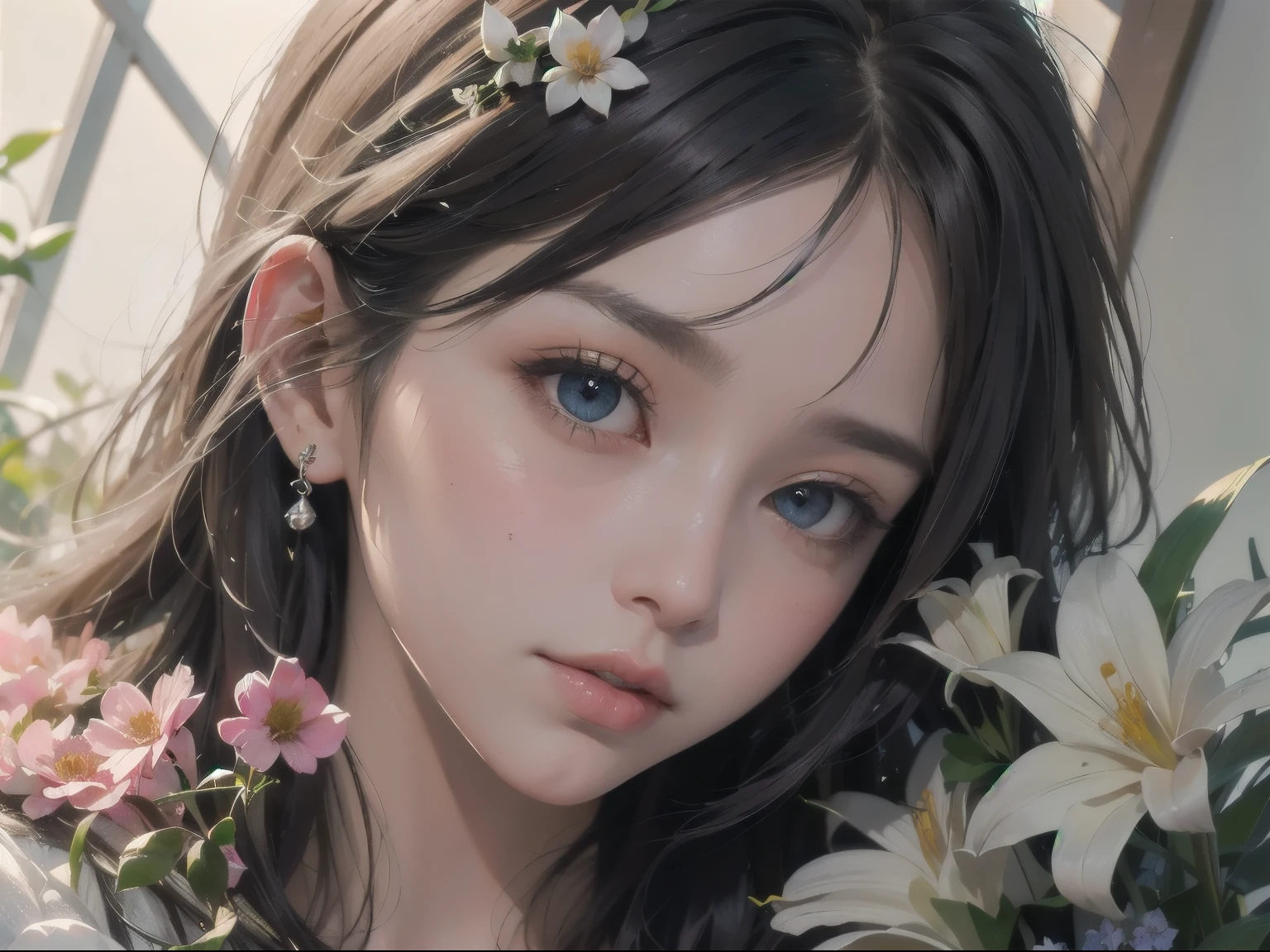 Ladies and bouquets,Portrait close-up,She looked at me with very beautiful and kind eyes.Detailed Schneider pastel ink, soft and fantastic, Fluffy, (Extremely fine and beautiful), (perfect detail)、(Pastel color),Soft texture:1.2.(masutepiece, Best quality), (finely detailed beautiful eye), (finely detailed eyes and detailed face),(Jet-black silky hair), The hue is also noticeably brighter.Pale blurred silhouette,Surrounded by plenty of flowers,Extremely beautiful nipples,Very small breasts,Flat Chest,Are thin,