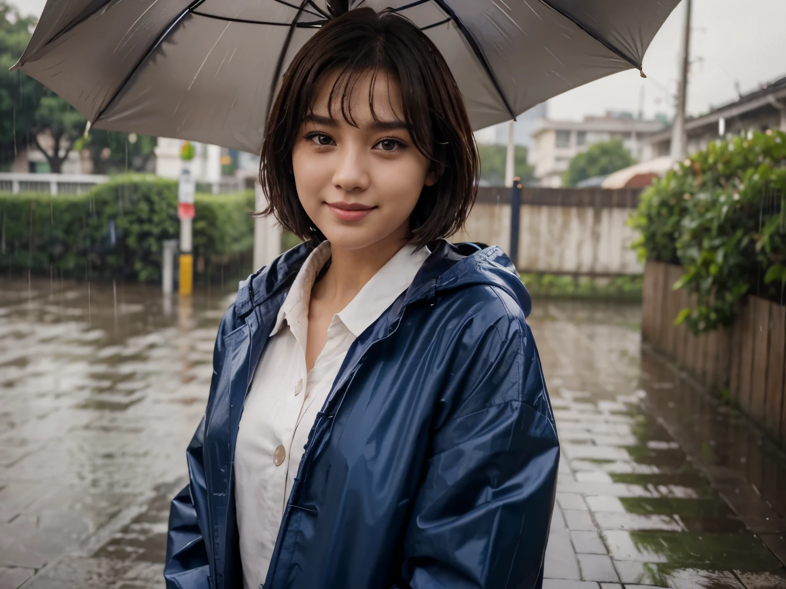 The sun shines, a beautiful girl with large eyes, a sharp nose, and thick lips with a sad smile in the background of the rain. The girl is looking back. She is wearing a Korean idol image, a navy blue raincoat. Brown short hair, brown eyes, and Super Realistic image