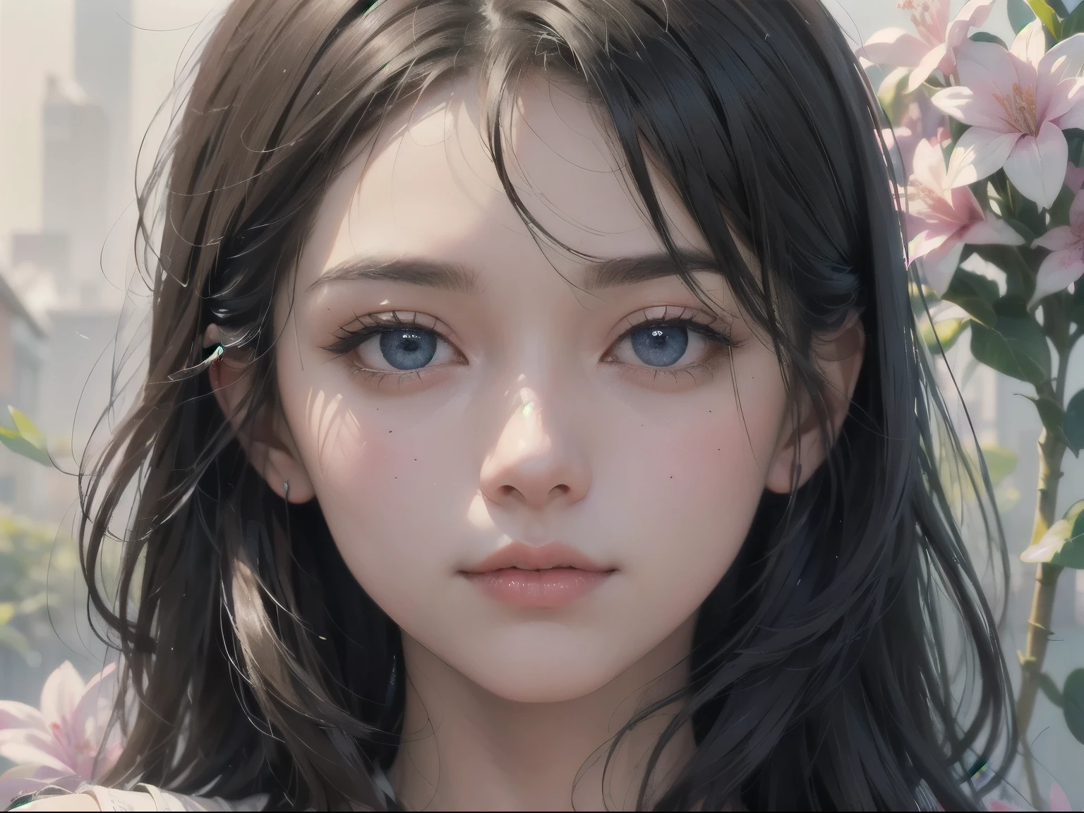 Ladies and bouquets,Portrait close-up,She looked at me with very beautiful and kind eyes.Detailed Schneider pastel ink, soft and fantastic, Fluffy, (Extremely fine and beautiful), (perfect detail)、(Pastel color),Soft texture:1.2.(masutepiece, Best quality), (finely detailed beautiful eye), (finely detailed eyes and detailed face),(Jet-black silky hair), The hue is also noticeably brighter.Pale blurred silhouette,Surrounded by plenty of flowers,Extremely beautiful nipples,Very small breasts,Flat Chest,Are thin,