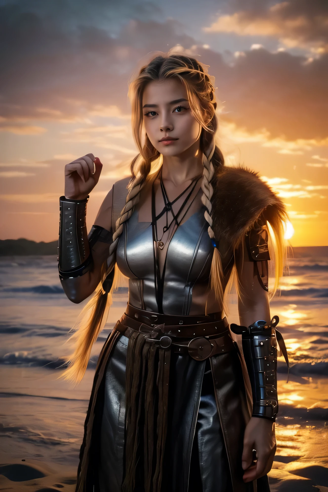 viking warrior woman with serious easy expression,montada em um cavalo branco selvagem, usando roupa de pele, long hair with braids, olhos verdes, boca volumosa, tatuagem tribal preta, seios fartos, segurando uma espada ornamentada, with your hand up, on a deserted beach with sunset in the background of March.