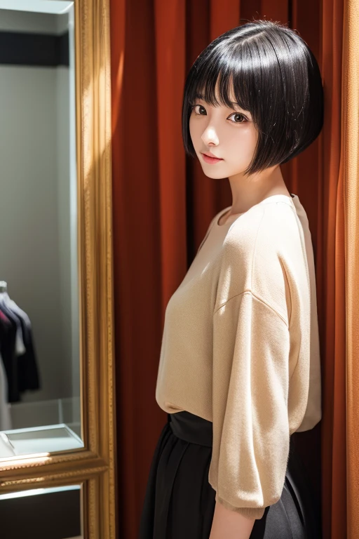 (High resolution:1.3), (16k, Photorealistic, Raw photo, Best image quality: 1.4), Japanese, (One Girl), (Black-haired、short hair:1.3), Beautiful Hairstyles, (Realistic Skin), Beautiful skins, attractive, 超A high resolution, Surreal, High detail, Golden Ratio, Highly detailed cute girl,(20-year-old), (Fitting booth、Apparel Shop、mirror、curtain、ceiling light), (masturbation:1.5)