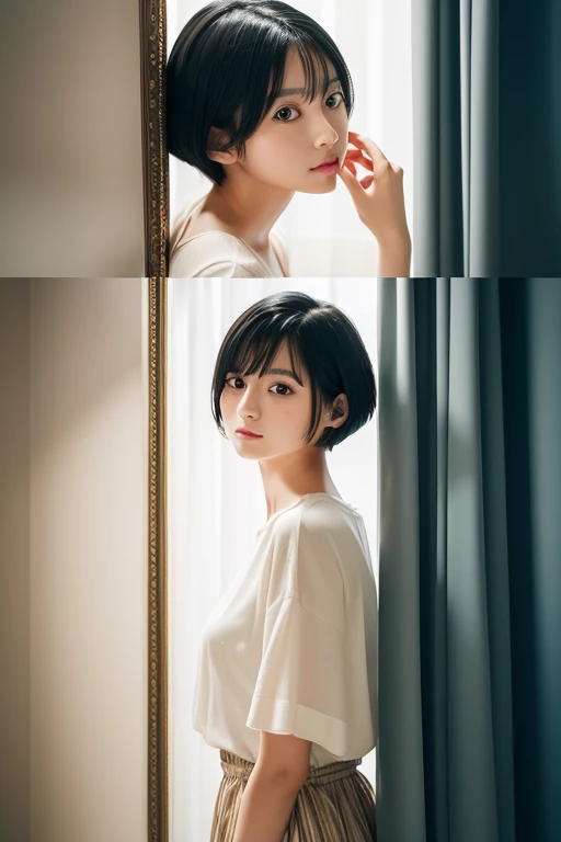 (High resolution:1.3), (16k, Photorealistic, Raw photo, Best image quality: 1.4), Japanese, (One Girl), (Black-haired、short hair:1.3), Beautiful Hairstyles, (Realistic Skin), Beautiful skins, attractive, 超A high resolution, Surreal, High detail, Golden Ratio, Highly detailed cute girl,(20-year-old), Colorful Fashion, (Fitting booth、Apparel Shop、mirror、curtain), seminude