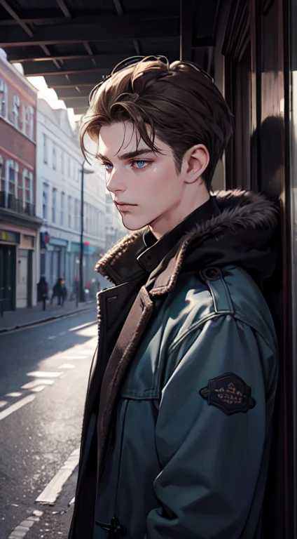 (tmasterpiece, high resolution, ultra - detailed:1.0),1 person, Mature male, Quiet and charming young man, 35 years old, closing her eyes, Serious look, ((dark gray blue eyes)), ((Right sweep short dark brown hair)), [Thick eyebrows], Detective, ((Wear a classic coat)), London, victorian age, color difference, Depth of field, dramatic shadow, Ray tracing, Best quality, Cinematic lighting, offcial art, Portrait