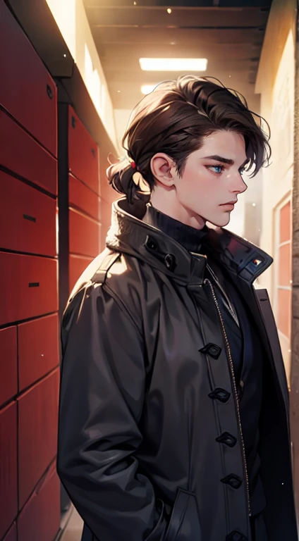 (tmasterpiece, high resolution, ultra - detailed:1.0),1 person, Mature male, Quiet and charming young man, 35 years old, closing her eyes, Serious look, ((dark gray blue eyes)), ((Right sweep short dark brown hair)), [Thick eyebrows], Detective, ((Wear a classic coat)), London, victorian age, color difference, Depth of field, dramatic shadow, Ray tracing, Best quality, Cinematic lighting, offcial art, Portrait