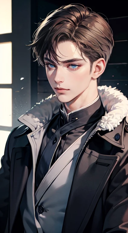 (tmasterpiece, high resolution, ultra - detailed:1.0),1 person, Mature male, Quiet and charming young man, 35 years old, closing her eyes, Serious look, ((dark gray blue eyes)), ((Right sweep short dark brown hair)), [Thick eyebrows], Detective, ((Wear a classic coat)), London, victorian age, color difference, Depth of field, dramatic shadow, Ray tracing, Best quality, Cinematic lighting, offcial art, Portrait