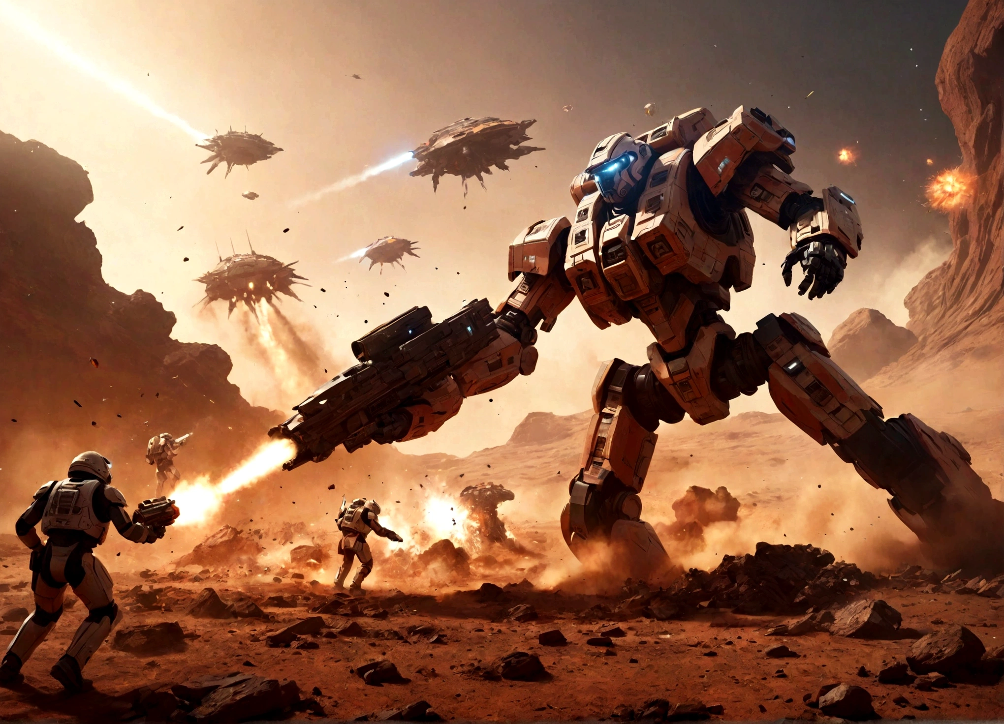 a epic battle scene on the surface of Mars, a massive spaceship battle, futuristic mechs and soldiers fighting, explosions and debris in the sky, gritty and realistic, cinematic lighting, muted color palette, extremely detailed, 8k, photorealistic, concept art style