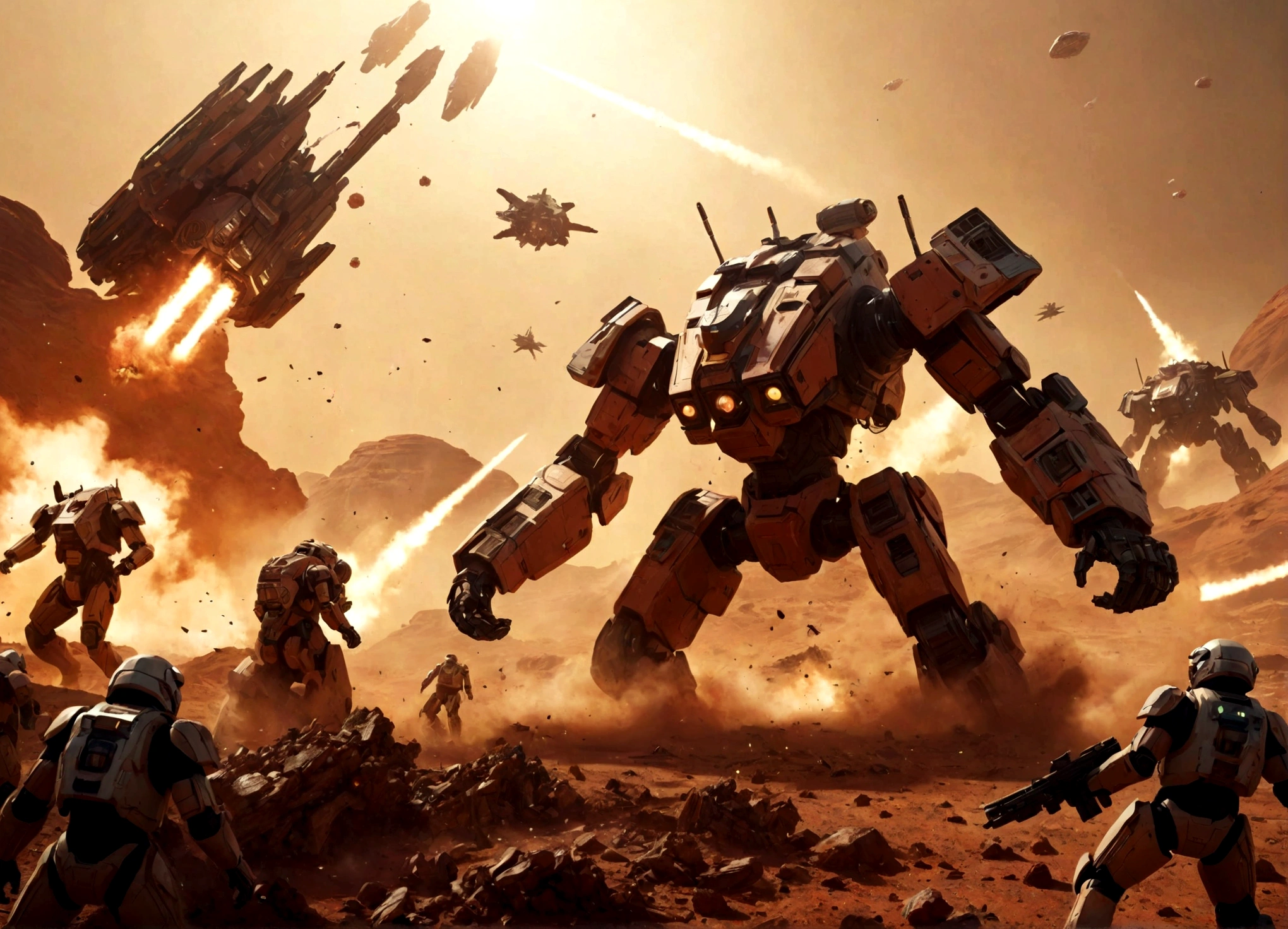 a epic battle scene on the surface of Mars, a massive spaceship battle, futuristic mechs and soldiers fighting, explosions and debris in the sky, gritty and realistic, cinematic lighting, muted color palette, extremely detailed, 8k, photorealistic, concept art style