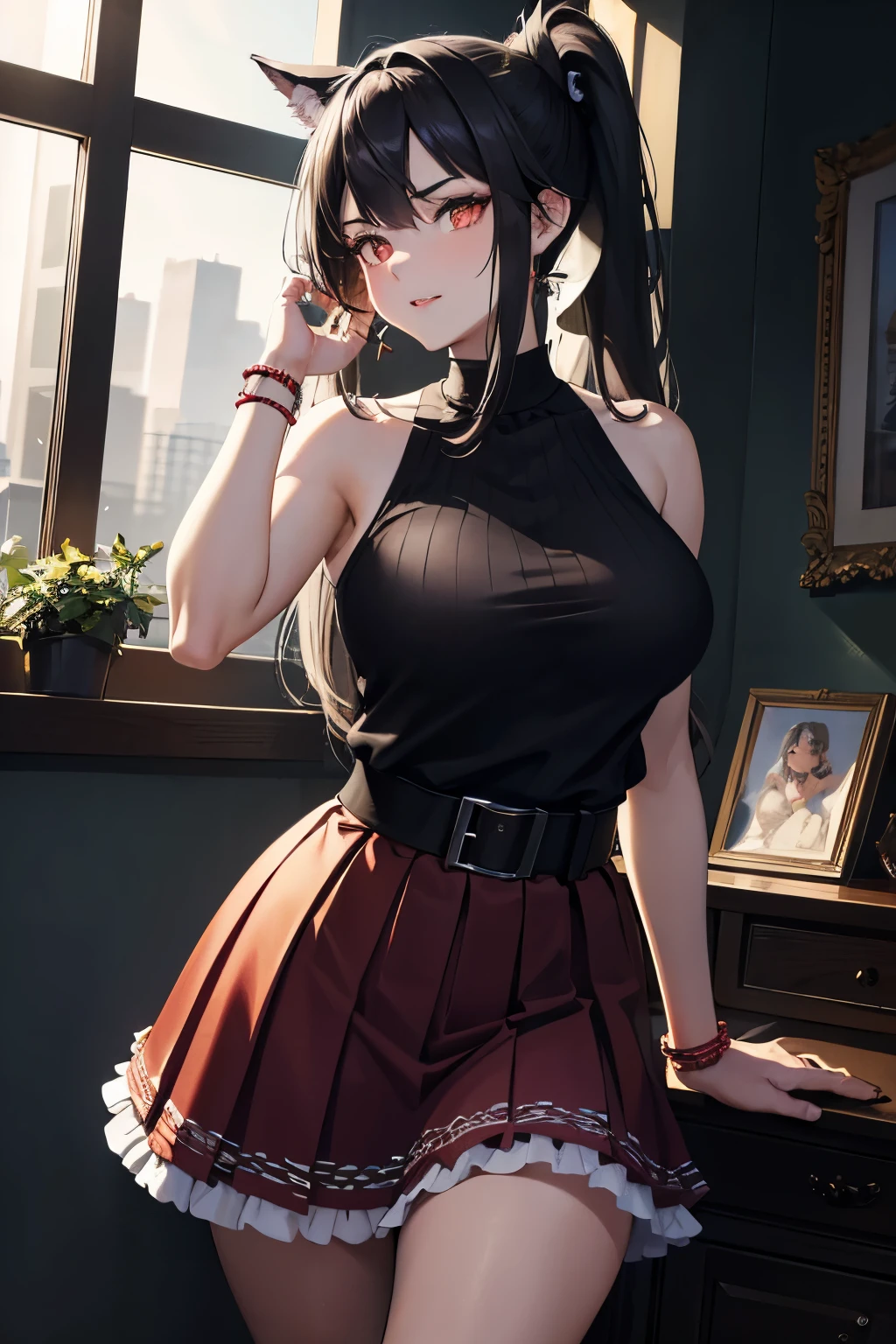 Full-bodied portrayal of a 20-year-old chubby wolfwoman, adorning a tempting pleated skirt and a sleeveless top, exuding an alluring charm. Her dark, captivating eyes and extended legs, framed by a long, lustrous black ponytail, are accentuated by a light and transparent veil filled with seduction. This stunning artwork, a maximalist masterpiece, has been meticulously crafted by the esteemed artgerm, showcasing an 8k anime style in an 8k high-resolution photo that is currently trending on ArtStation.