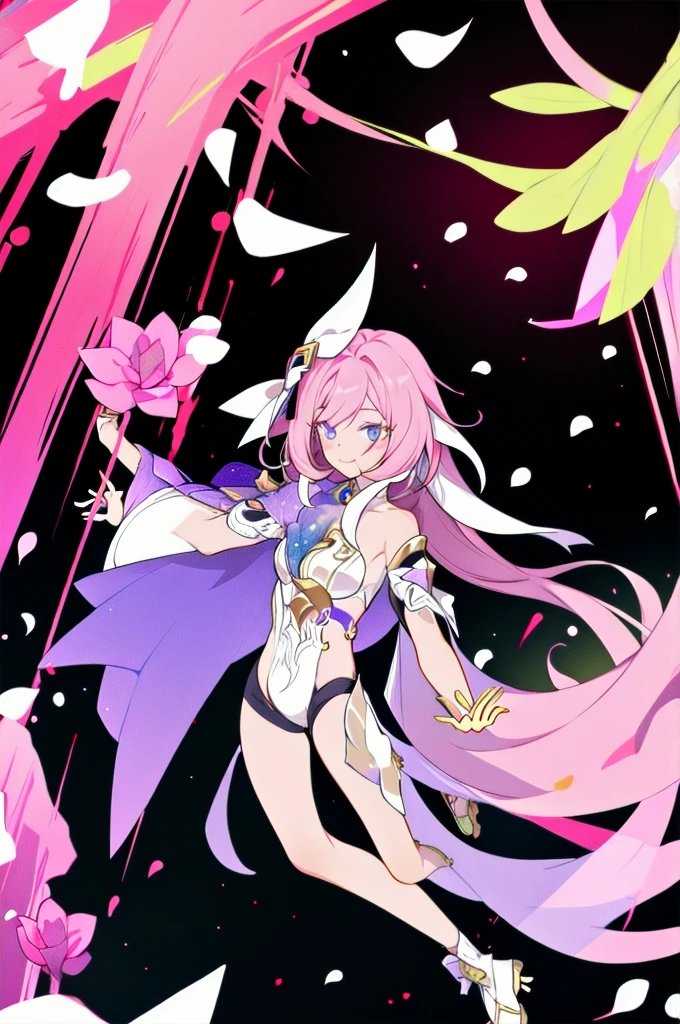 (masterpiece, Flat Color, colorful:1.0), (highest quality:1.2), (Ultra-high resolution:1.1), 1 Girl Elysia \(Human Herrscher:ego\) \(honkai impact\),  A light smile, petal, Fantasy,