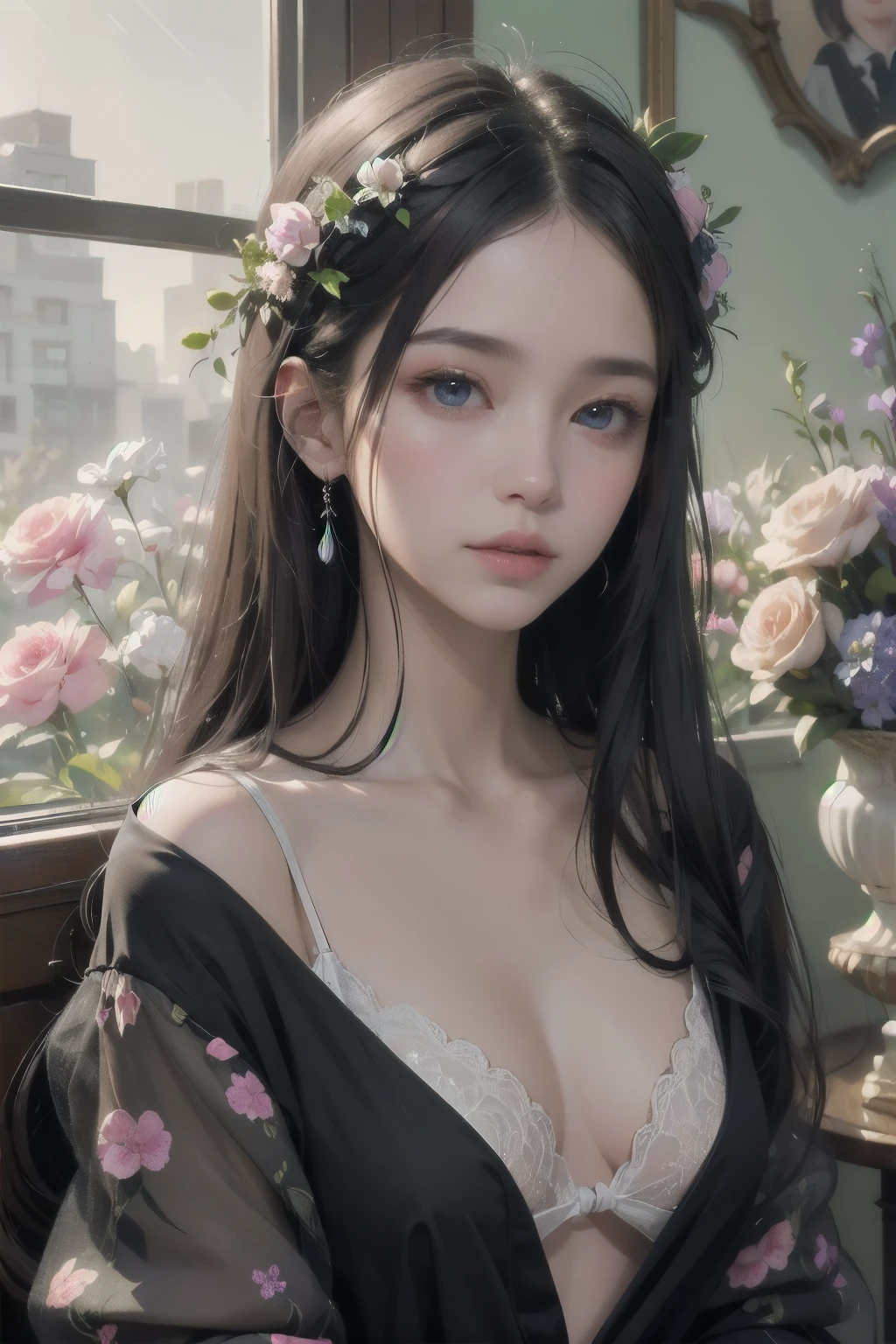 Ladies and bouquets,Portrait close-up,She looked at me with very beautiful and kind eyes.Detailed Schneider pastel ink, soft and fantastic, Fluffy, (Extremely fine and beautiful), (perfect detail)、(Pastel color),Soft texture:1.2.(masutepiece, Best quality), (finely detailed beautiful eye), (finely detailed eyes and detailed face),(Jet-black silky hair), The hue is also noticeably brighter.Pale blurred silhouette,Surrounded by plenty of flowers,Extremely beautiful nipples,Very small breasts,Flat Chest,Are thin,