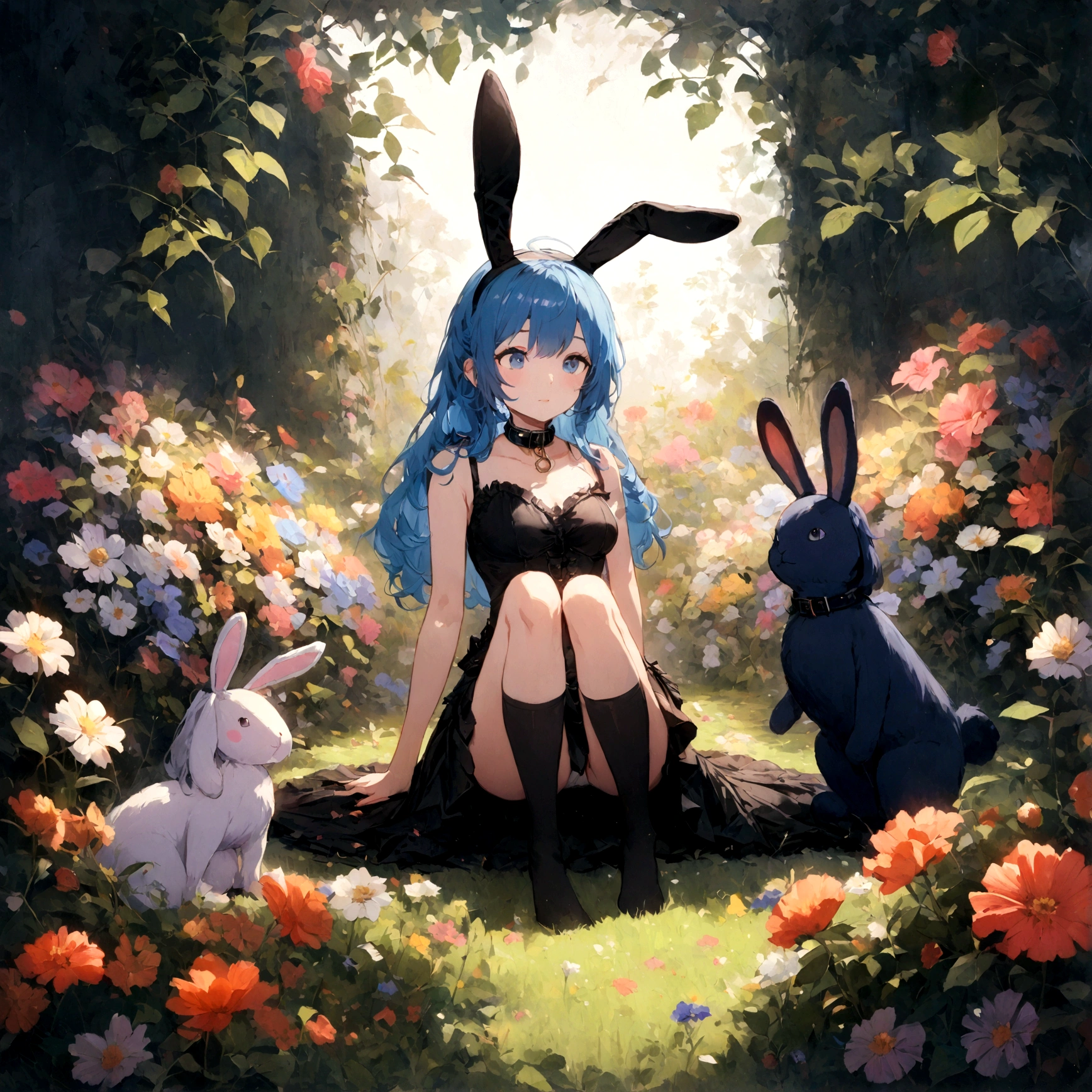 a sexy female with long blue hair, has big fuzzy bunny ears, has a bunny tail, wearing a black corset, wearing a black mini skirt, has a dark blue dog collar on, wearing cute thigh high socks, relaxing on knees, solo, alone, (SOLO)ALONE), no dogs, single girl, on knees, outside in a garden surrounded by multi colored flowers of all sorts