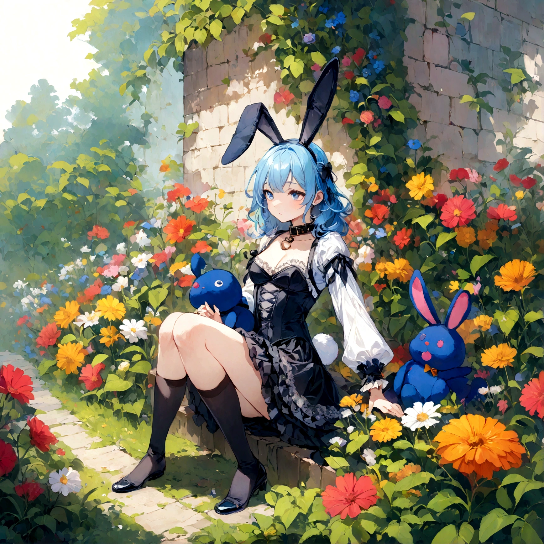 a sexy female with long blue hair, has big fuzzy bunny ears, has a bunny tail, wearing a black corset, wearing a black mini skirt, has a dark blue dog collar on, wearing cute thigh high socks, relaxing on knees, solo, alone, (SOLO)ALONE), no dogs, single girl, on knees, outside in a garden surrounded by multi colored flowers of all sorts