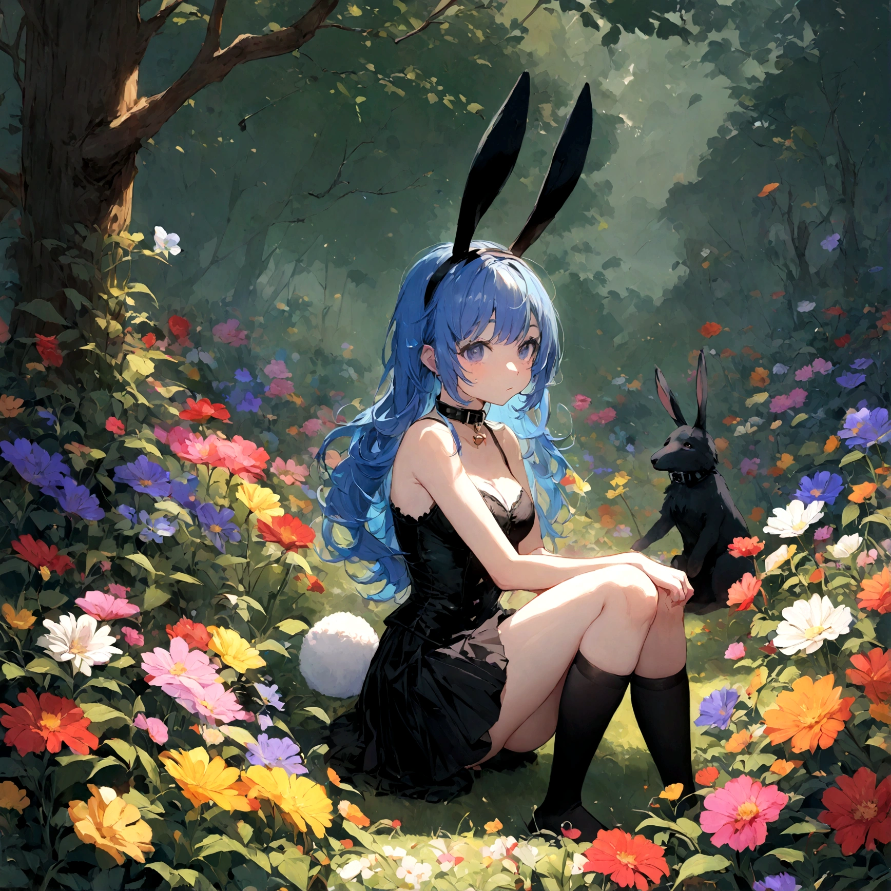 a sexy female with long blue hair, has big fuzzy bunny ears, has a bunny tail, wearing a black corset, wearing a black mini skirt, has a dark blue dog collar on, wearing cute thigh high socks, relaxing on knees, solo, alone, (SOLO)ALONE), no dogs, single girl, on knees, outside in a garden surrounded by multi colored flowers of all sorts