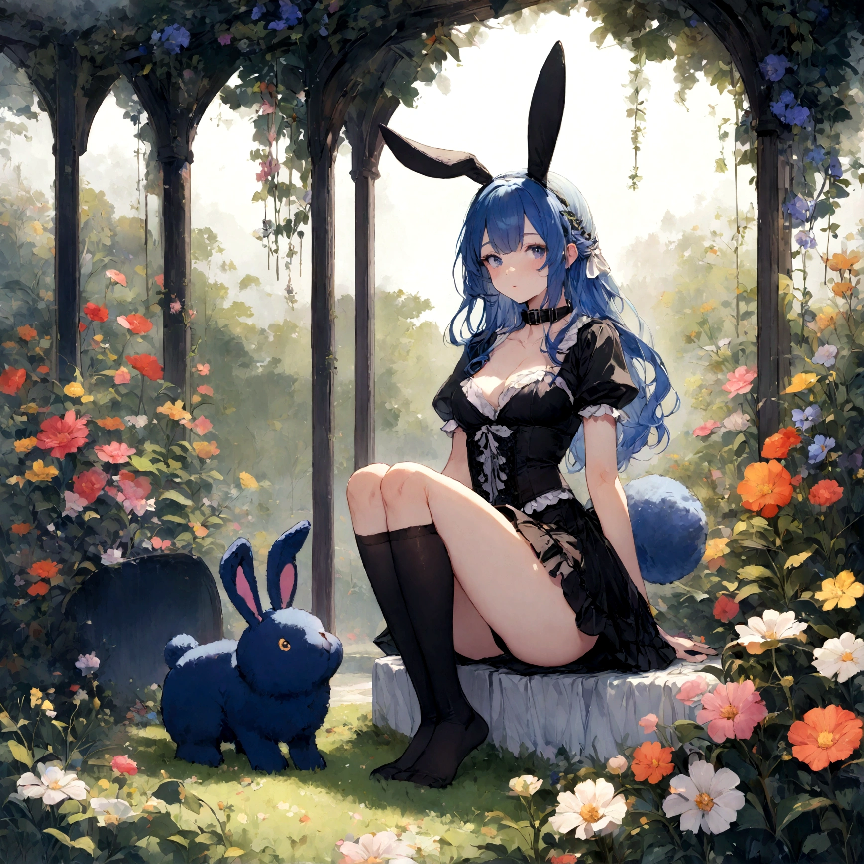 a sexy female with long blue hair, has big fuzzy bunny ears, has a bunny tail, wearing a black corset, wearing a black mini skirt, has a dark blue dog collar on, wearing cute thigh high socks, relaxing on knees, solo, alone, (SOLO)ALONE), no dogs, single girl, on knees, outside in a garden surrounded by multi colored flowers of all sorts