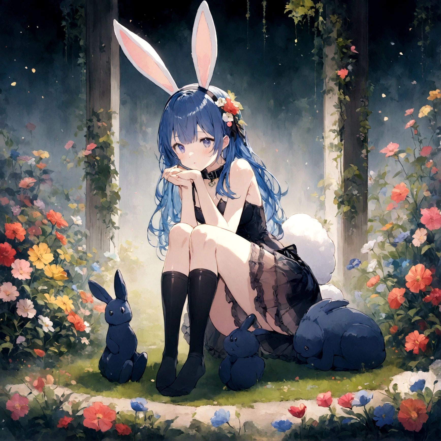 a sexy female with long blue hair, has big fuzzy bunny ears, has a bunny tail, wearing a black corset, wearing a black mini skirt, has a dark blue dog collar on, wearing cute thigh high socks, relaxing on knees, solo, alone, (SOLO)ALONE), no dogs, single girl, on knees, outside in a garden surrounded by multi colored flowers of all sorts