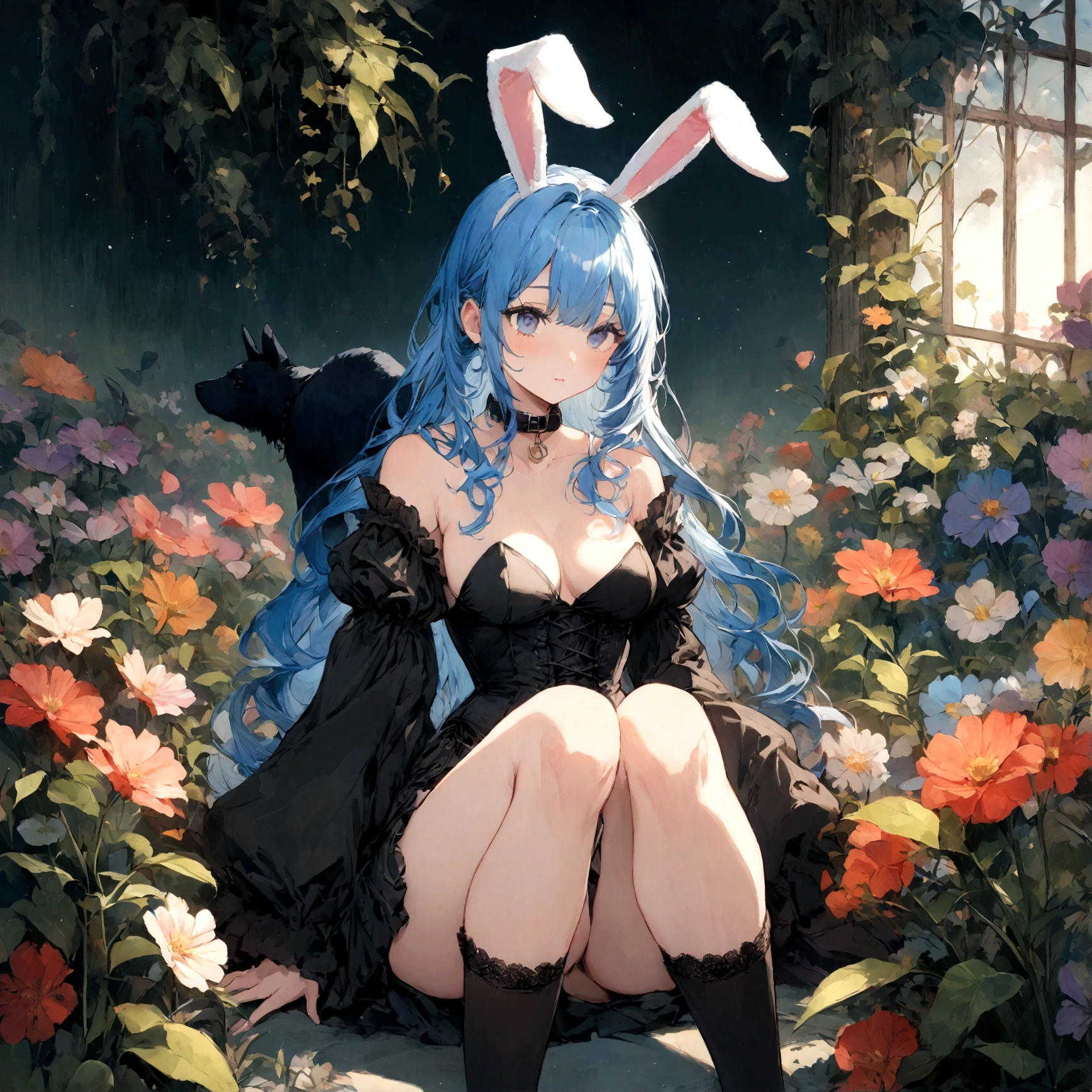 a sexy female with long blue hair, has big fuzzy bunny ears, has a bunny tail, wearing a black corset, wearing a black mini skirt, has a dark blue dog collar on, wearing cute thigh high socks, relaxing on knees, solo, alone, (SOLO)ALONE), no dogs, single girl, on knees, outside in a garden surrounded by multi colored flowers of all sorts