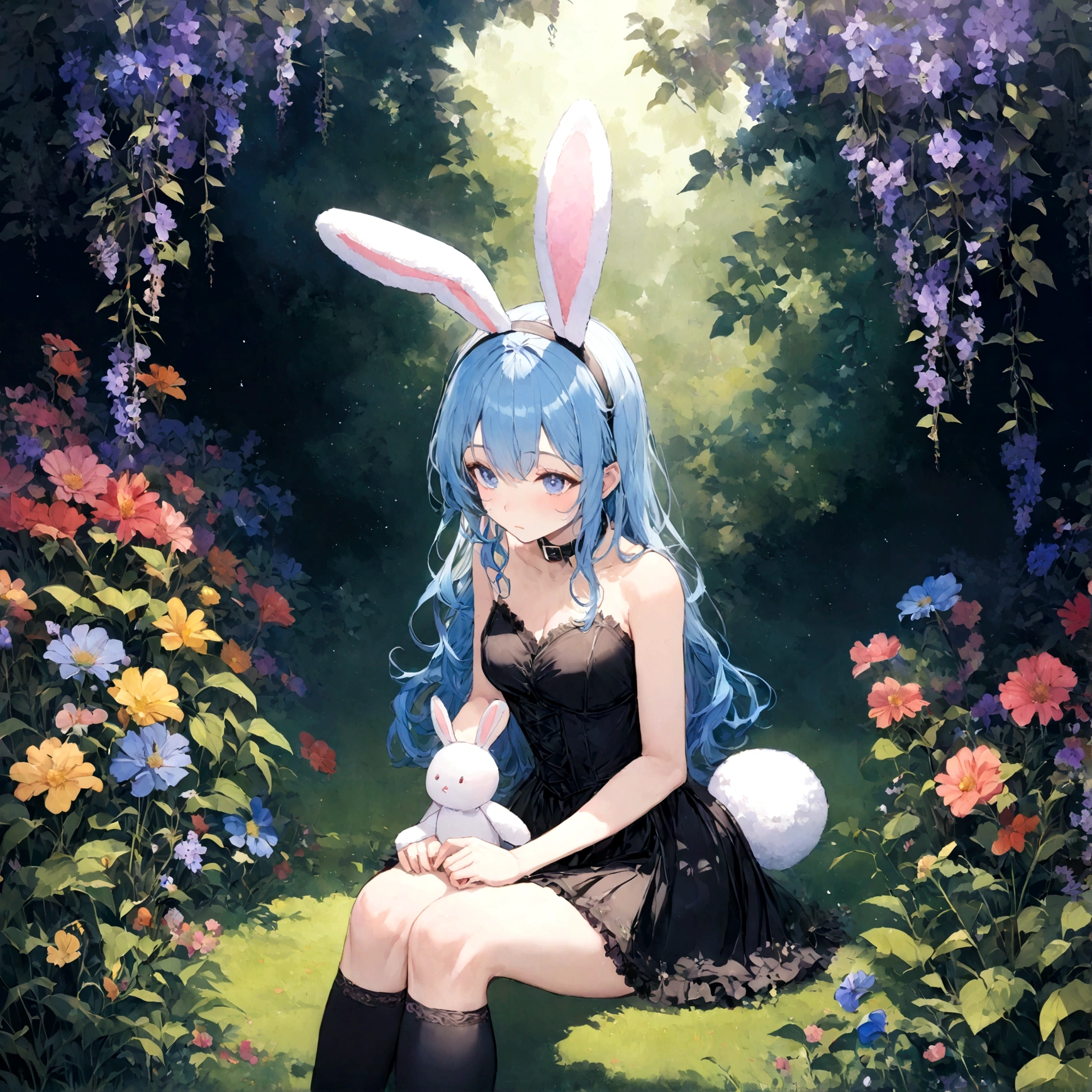 a sexy female with long blue hair, has big fuzzy bunny ears, has a bunny tail, wearing a black corset, wearing a black mini skirt, has a dark blue dog collar on, wearing cute thigh high socks, relaxing on knees, solo, alone, (SOLO)ALONE), no dogs, single girl, on knees, outside in a garden surrounded by multi colored flowers of all sorts, vines, moss, rays of light