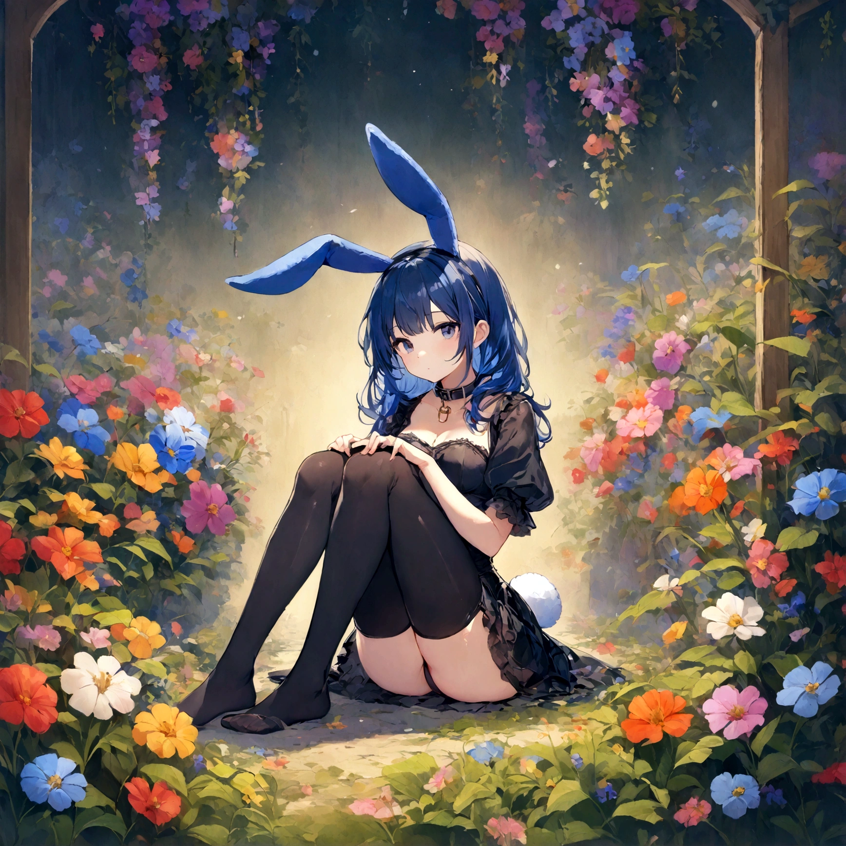 a sexy female with long blue hair, has big fuzzy bunny ears, has a bunny tail, wearing a black corset, wearing a black mini skirt, has a dark blue dog collar on, wearing cute thigh high socks, relaxing on knees, solo, alone, (SOLO)ALONE), no dogs, single girl, on knees, outside in a garden surrounded by multi colored flowers of all sorts