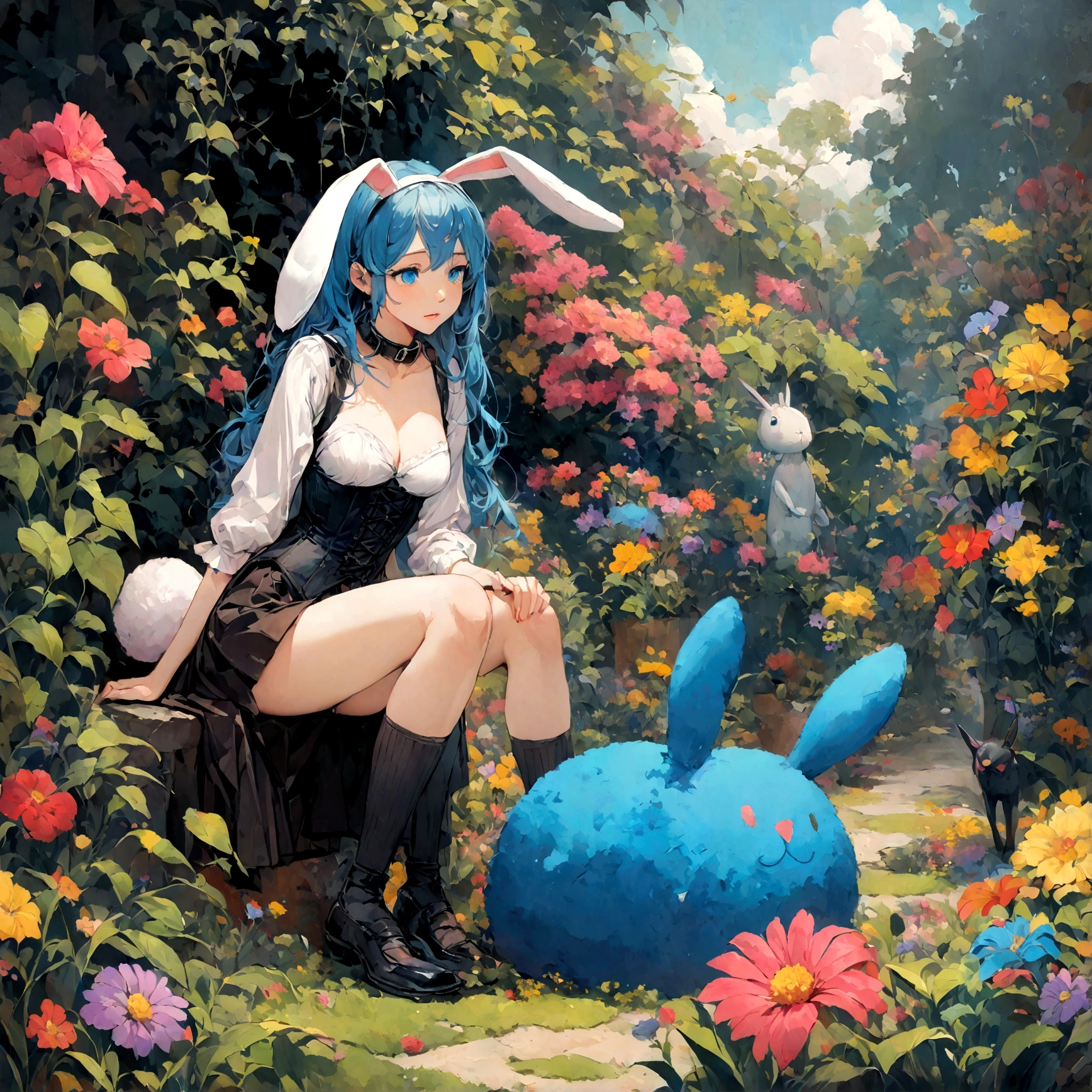a sexy female with long blue hair, has big fuzzy bunny ears, has a bunny tail, wearing a black corset, wearing a black mini skirt, has a dark blue dog collar on, wearing cute thigh high socks, relaxing on knees, solo, alone, (SOLO)ALONE), no dogs, single girl, on knees, outside in a garden surrounded by multi colored flowers of all sorts