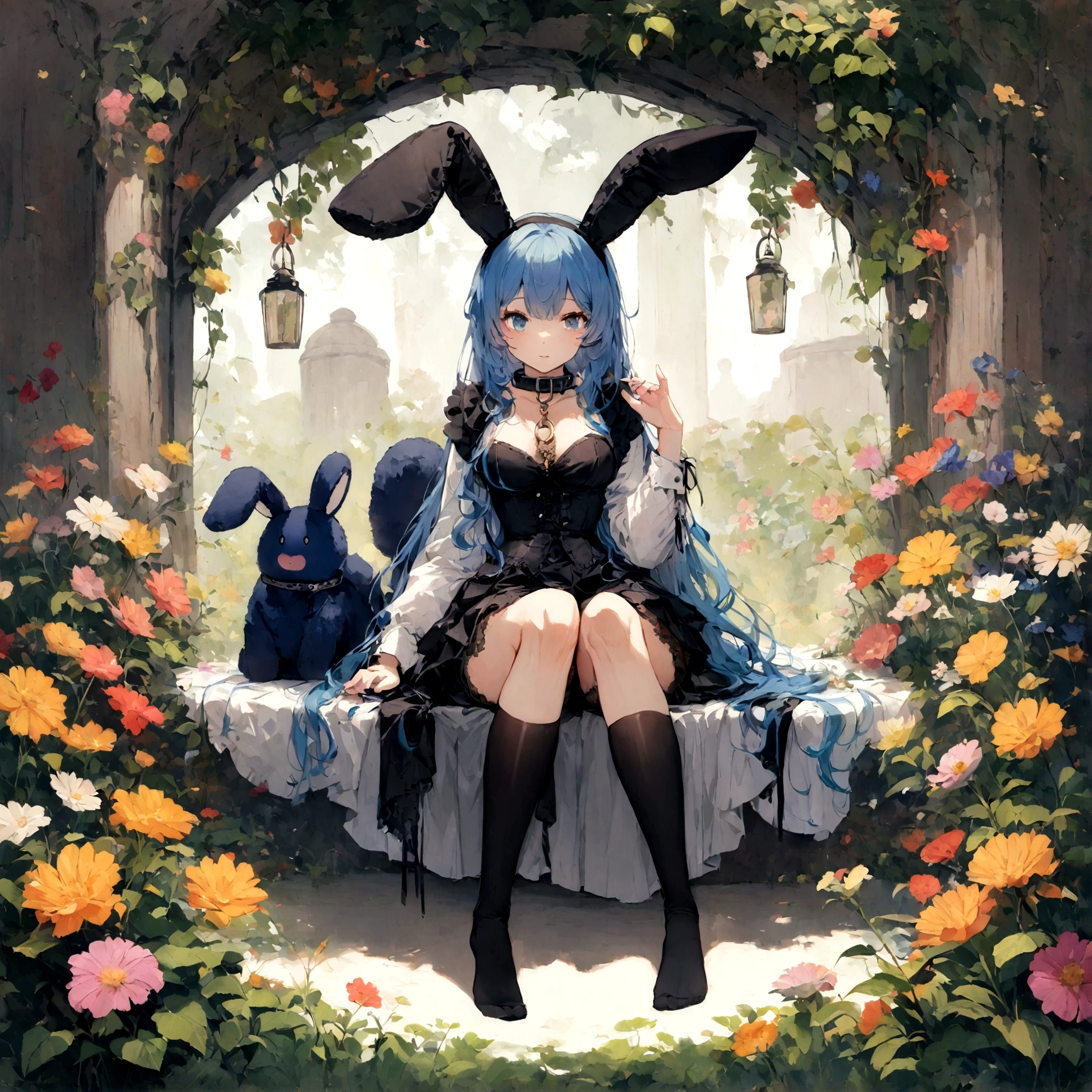 a sexy female with long blue hair, has big fuzzy bunny ears, has a bunny tail, wearing a black corset, wearing a black mini skirt, has a dark blue dog collar on, wearing cute thigh high socks, relaxing on knees, solo, alone, (SOLO)ALONE), no dogs, single girl, on knees, outside in a garden surrounded by multi colored flowers of all sorts