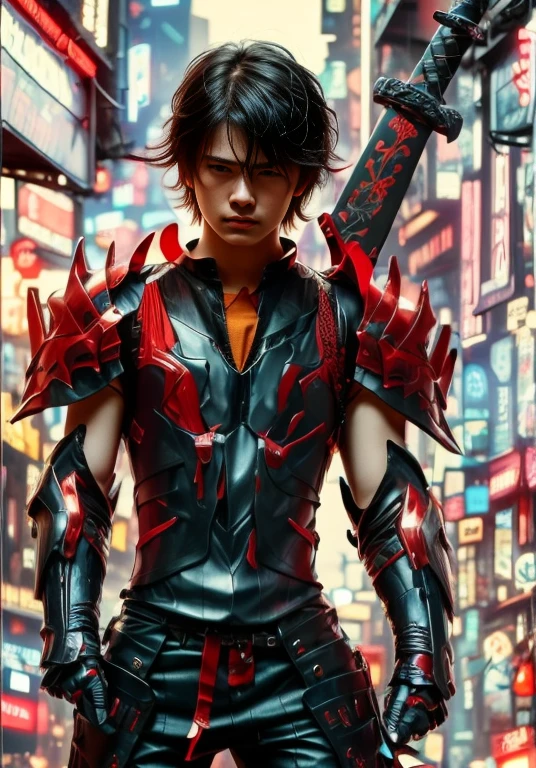 (ultra realistic,32k, masterpiece:1.2),(high detailed skin:1.1),( high quality:1.1),
1boy,(caucasian european), black hair,  with cyberpunk samurai armor,  cute, 18 years old, european caucasian), beautiful decourations, 8k, uhd, masterpiece, katana in the back, kanjis, (metal black armor with red and orange decourations), fire themed armor, light effects