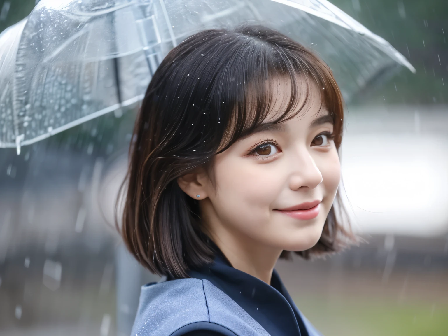 The sun shines, a beautiful girl with large eyes, a sharp nose, and thick lips with a sad smile in the background of the rain. The girl is looking back. She is wearing a Korean idol image, a navy blue raincoat. Brown short hair, brown eyes, and Super Realistic image