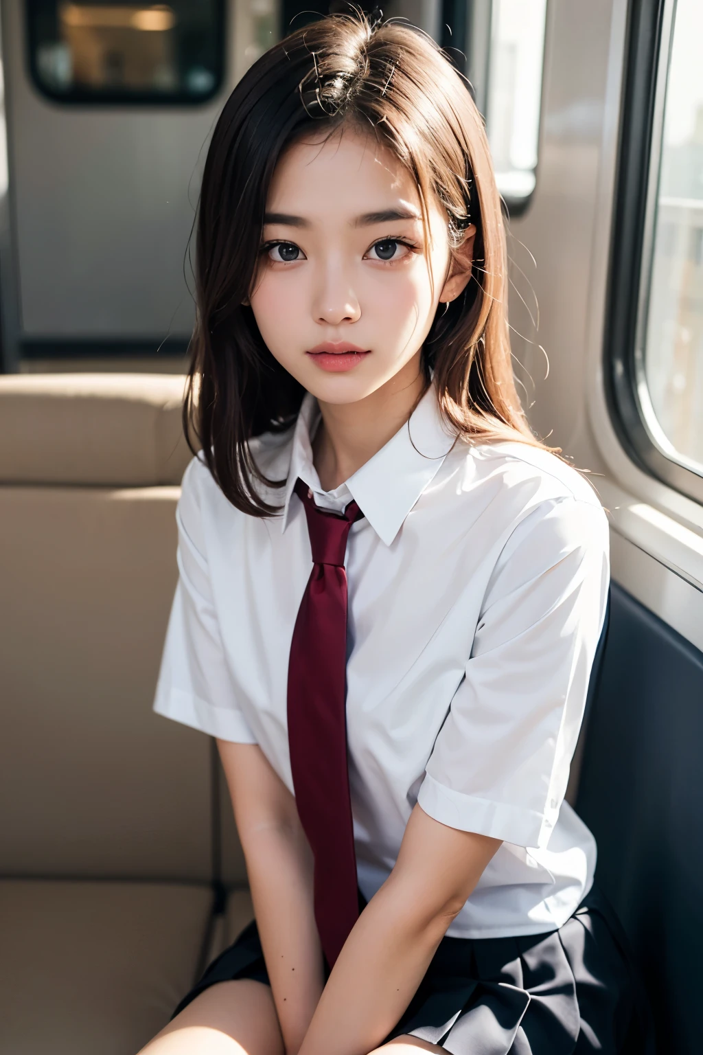 (masterpiece, best quality:1.2), 8k, 15yo, 85mm, official art, raw photo, absurdres, white dress shirt, pretty face, close up, upper body, violaceaess, gardeniass, beautiful girl, , (navy pleated skirt:1.1), cinch waist, thighs, short sleeve, in train, sitting on bench seat, looking at viewer, no makeup, (smile:0.4), film grain, chromatic aberration, sharp focus, facelight, clear lighting, teen, detailed face, bokeh background, (dark red necktie:1.1)