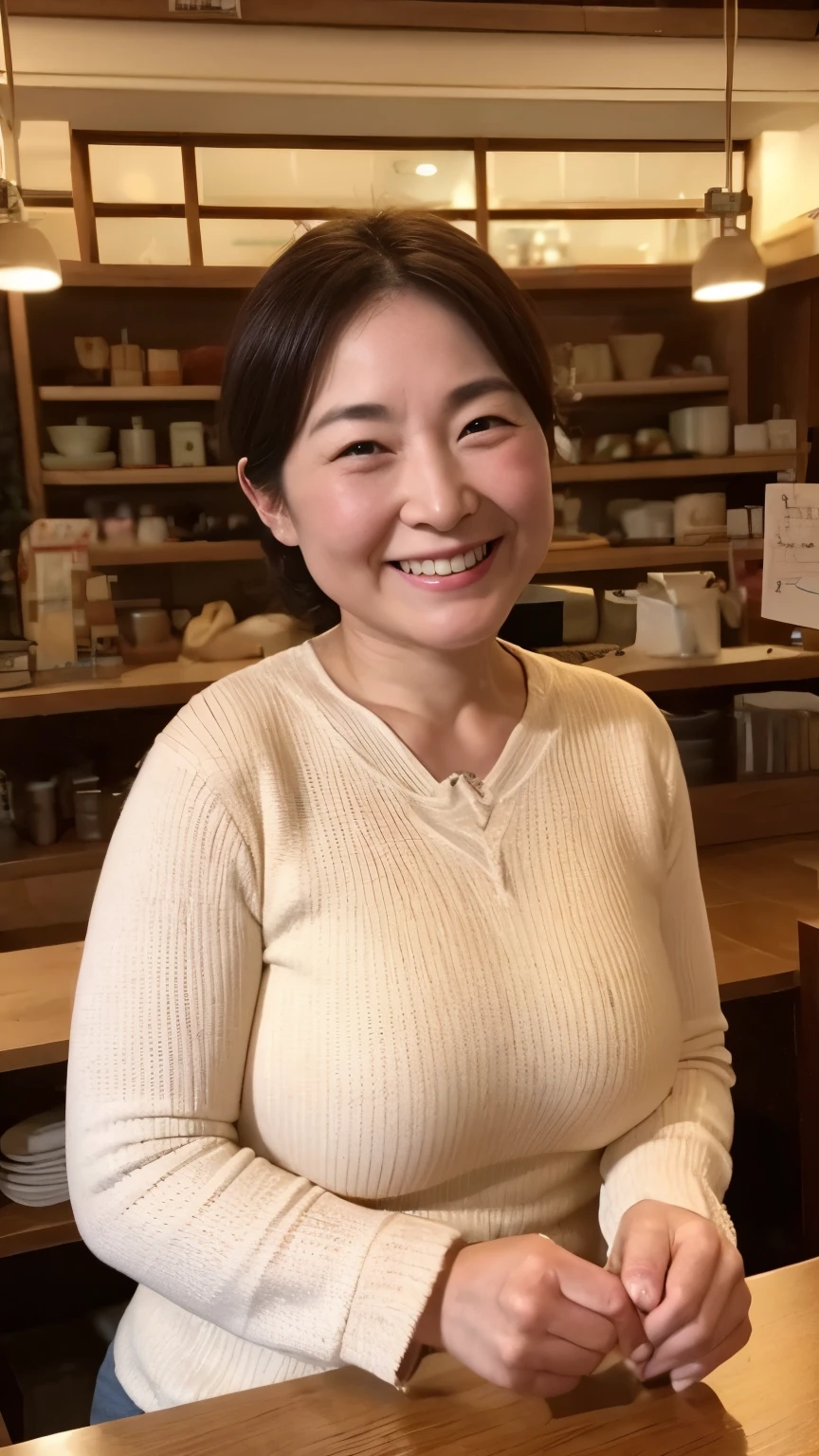 Girl, Fit the top of your head to the screen, Focused, Sitting in a coffee shop, gravure, Toothy smile, highest quality, Very detailed, Realistic, Ultra-dense skin, Anatomically correct, , , 110 years old, Big Breasts, , , , Pure white skin, Looking at the audience,