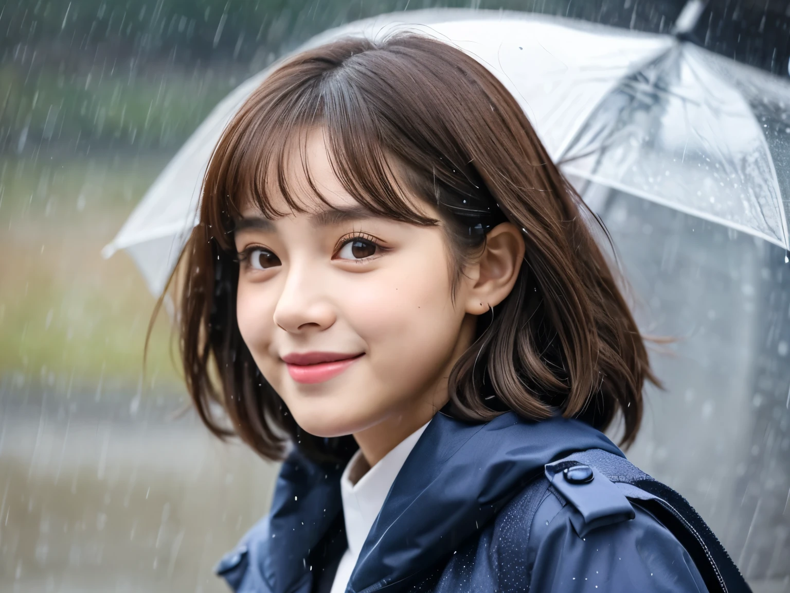 The sun shines, a beautiful girl with large eyes, a sharp nose, and thick lips with a sad smile in the background of the rain. The girl is looking back. She is wearing a Korean idol image, a navy blue raincoat. Brown short hair, brown eyes, and Super Realistic image