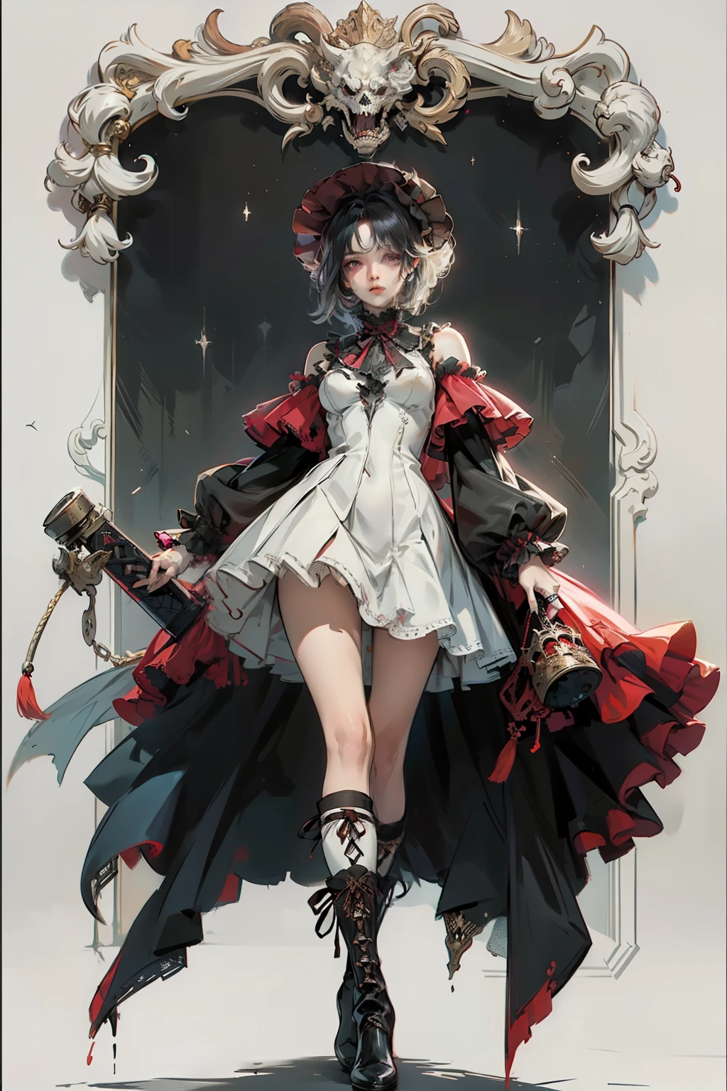 ((best quality)), ((masterpiece)), (detailed), blank white background, plain background, white background, red and white clothing, Bloodborne inspired, occult aesthetic, occult, detailed and intricate steampunk and detailed gothic, NSFW, Very dramatic and cinematic lighting, cosmic horror, grim-dark, side-lighting, perfect face, NSFW, Fluttering lace flared long knee length dress with frilly petticoats, knee length dress, pleated petticoats, lolita dress, petticoats gothic lolita, complex lace boots, side-lighting, gothic lolita aesthetic, wielding a mighty sword, carbine, NSFW, beautiful small breasts, small breasts, full body, whole body, body, plain background, white background, blank background, no background, white background NSFW, full body, whole body, head-to-toe NSFW
