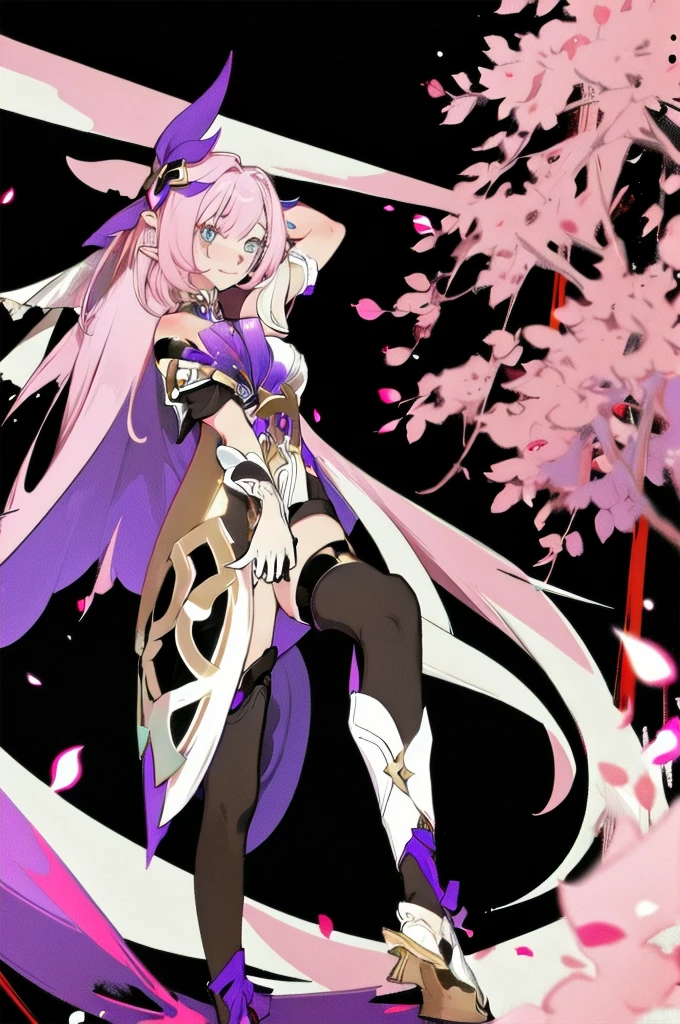(masterpiece, Flat Color, colorful:1.0), (highest quality:1.2), (Ultra-high resolution:1.1), 1 Girl Elysia \(Human Herrscher:ego\) \(honkai impact\), A light smile, petal, Fantasy,
