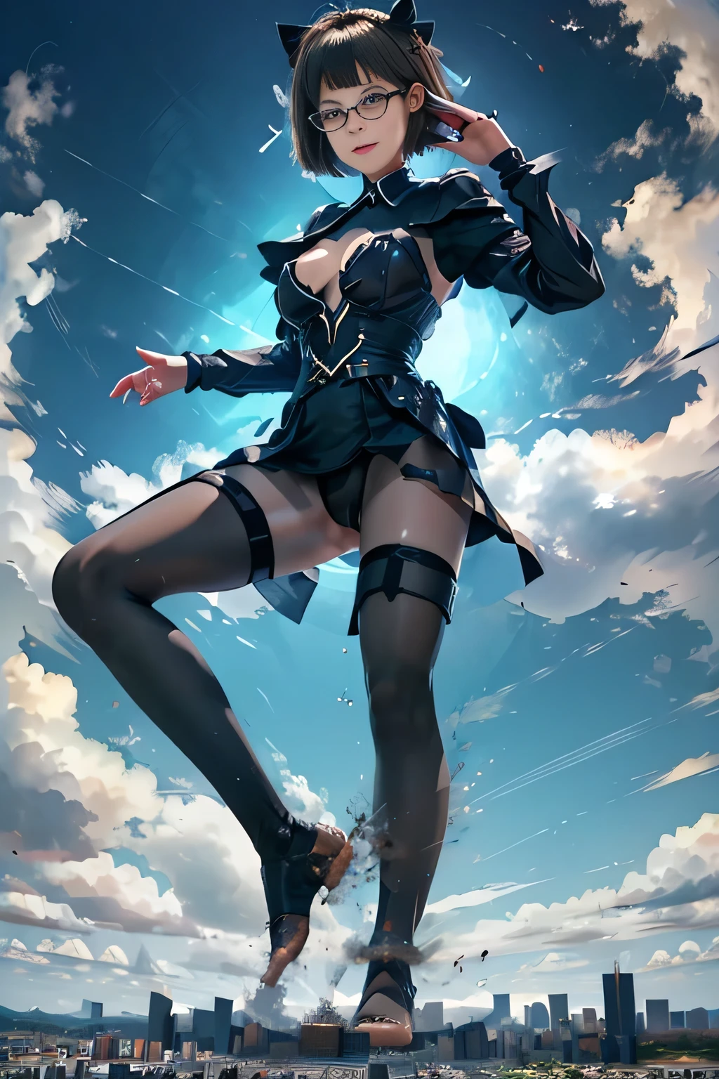 giantess art, highly detailed giantess shots, giantess, Two legs, Five fingers, short hair, A beautiful girl who is bigger than a skyscraper, Wearing rimless glasses, smile, Big Breasts, In underwear, Black Pantyhose, black pantyhose, no shoes on, toes visible through pantyhose, Steam coming out from the soles of my feet, Destroying cities, A very small big city, Miniature metropolis, Full body description, GTS, giga giantess, stomping city, crash city, tiny city, micro city, pantyhose feet, High resolution, highest quality, masterpiece, Maid, maid, transparent bodystocking,