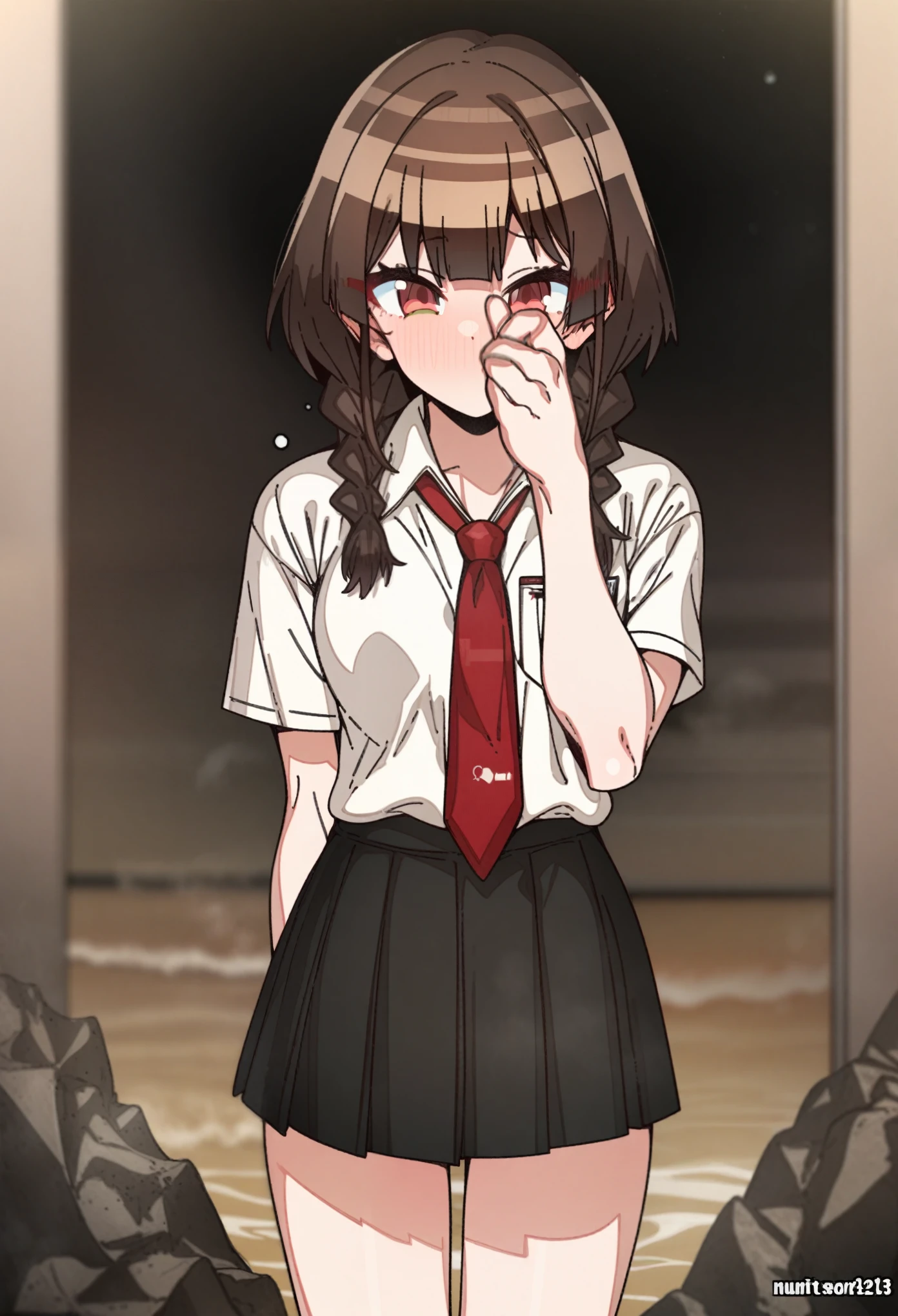 houshou_marine with brown eyes and brown hair, Artist, erere, Copyrights, idolmaster, idolmaster_shiny_colors, Character, General, 1girl, brown_hair, blunt_bangs, blush, medium_breasts, breasts, detailed eyelashes, beatiful girl:1, brown_eyes, censored, school_uniform, skirt, black pleated skirt:0.7, black blazer:0.5, white shirt, red tie, twin_braids, :|:0.5, (full_body) (standing in middle, beach, rocks), sky:0.7, half-closed_eyes, detailed, sand, outdoors, looking_at_viewer, masterpiece, best_quality, great_quality, girl, solo, center_composition, centered character, cute, rubbing_eyes, sleepy
