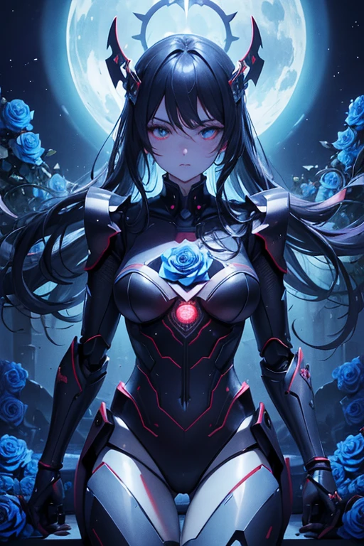 masterpiece,high quality,Super detailed,super fine illustration,8k,dynamic scenes,beautiful background,horror style,robotics,Robot,Night Frame,Blue glowing twin eyes,Double Blade,The emblem is a rose,(beautiful background:Victoria Palace,Roses are blooming all around)