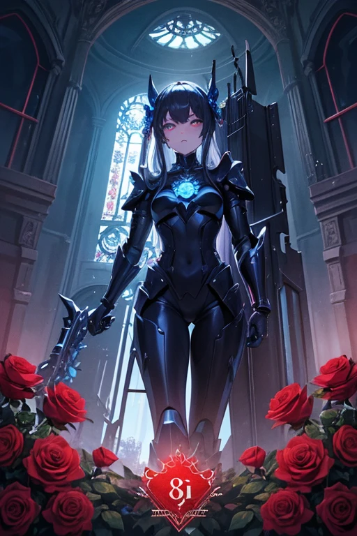 masterpiece,high quality,Super detailed,super fine illustration,8k,dynamic scenes,beautiful background,horror style,robotics,Robot,Night Frame,Blue glowing twin eyes,Double Blade,The emblem is a rose,(beautiful background:Victoria Palace,Roses are blooming all around)