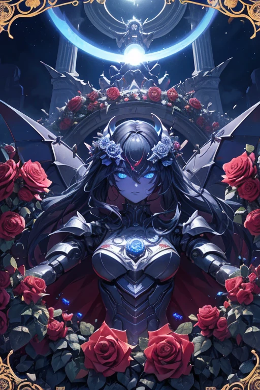 masterpiece,high quality,Super detailed,super fine illustration,8k,dynamic scenes,beautiful background,horror style,robotics,Robot,Night Frame,Blue glowing twin eyes,Double Blade,The emblem is a rose,(beautiful background:Victoria Palace,Roses are blooming all around)