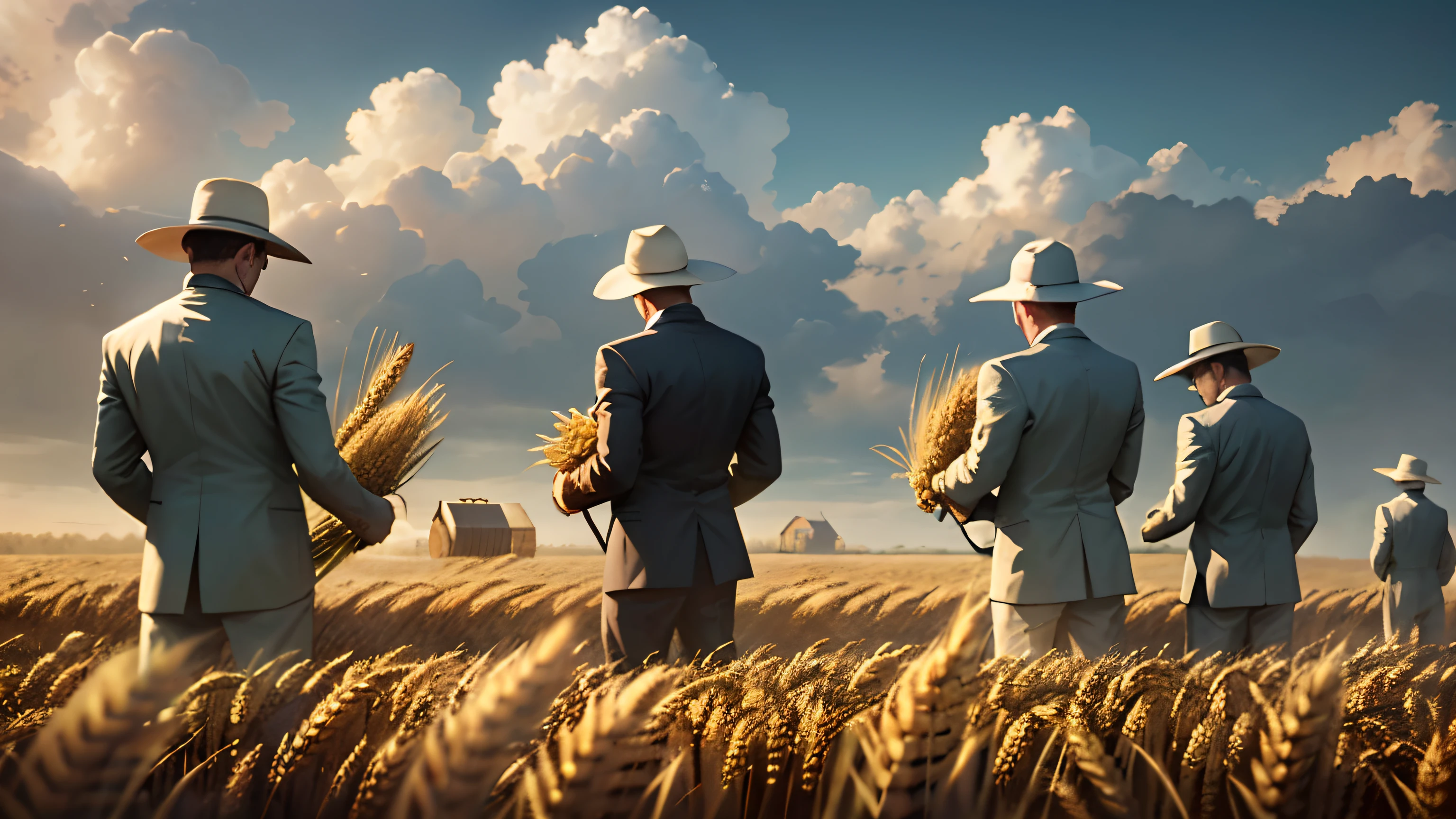 d&#39;un vrai, Three people were harvesting wheat in the field, Tous en costumes et cravates，peau blanche，Wheat cultivation, Epic biblical representation, 8K UHD, Cinematic lighting, High quality, --s2