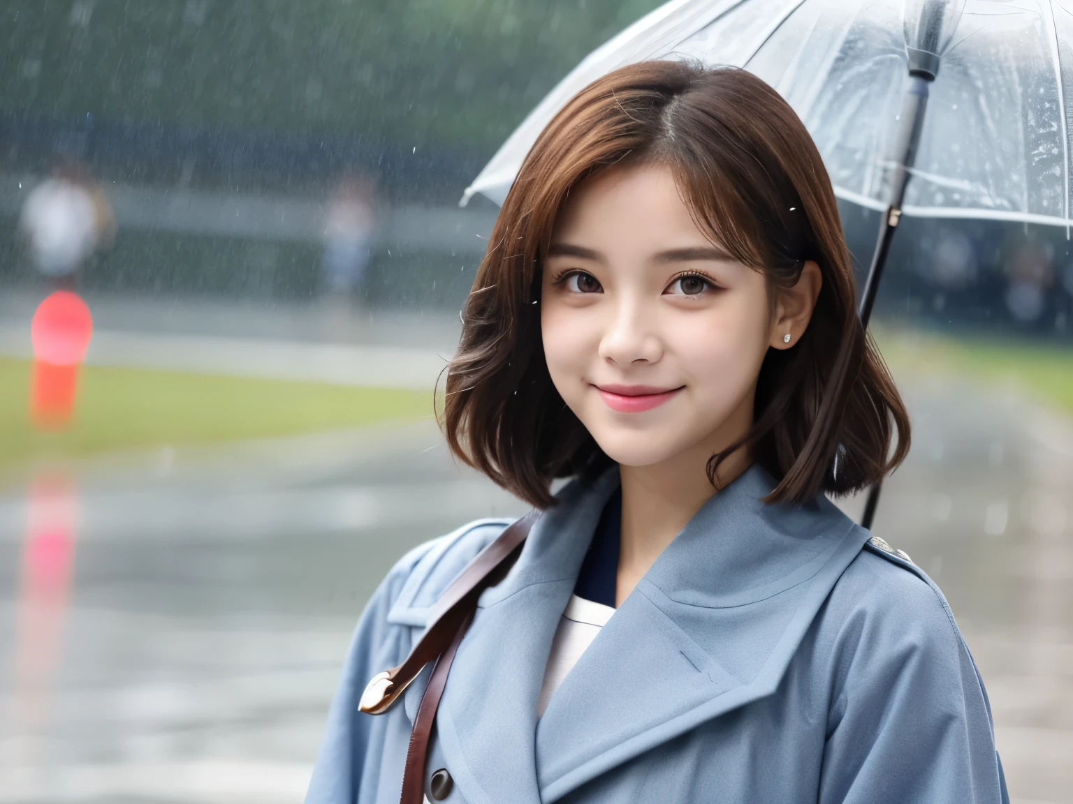 The sun shines, a beautiful girl with large eyes, a sharp nose, and thick lips with a sad smile in the background of the rain. The girl is looking back. She is wearing a Korean idol image, a navy blue raincoat. Brown short hair, brown eyes, and Super Realistic image