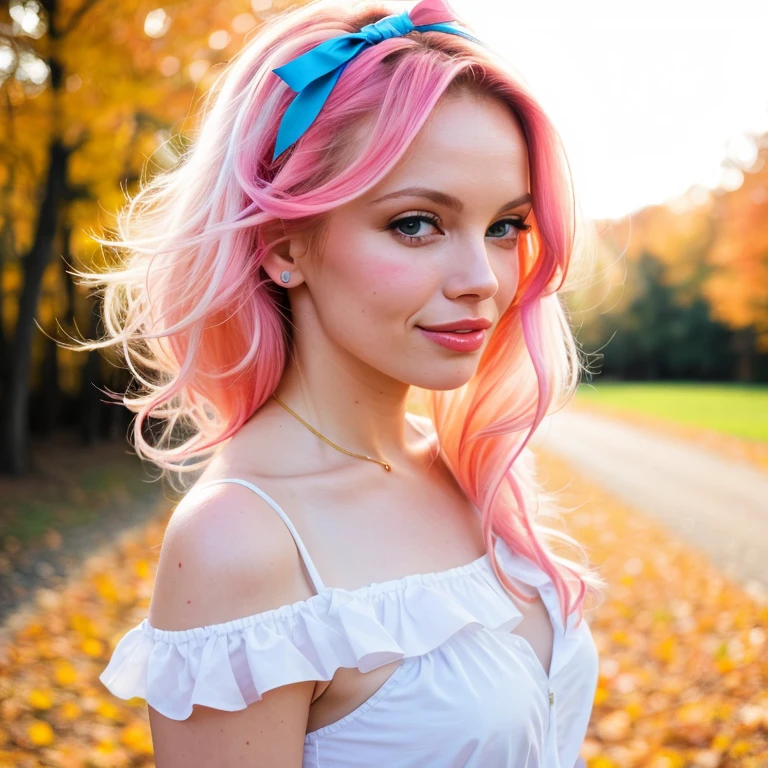 (8k, best quality, masterpiece:1.2),(best quality:1.0), (ultra highres:1.0), pencil colors, Pamela Anderson, shoulder, hair ribbons, by agnes cecile, full body photography, extremely luminous bright design, pastel colors, (ink:1.3), autumn lights