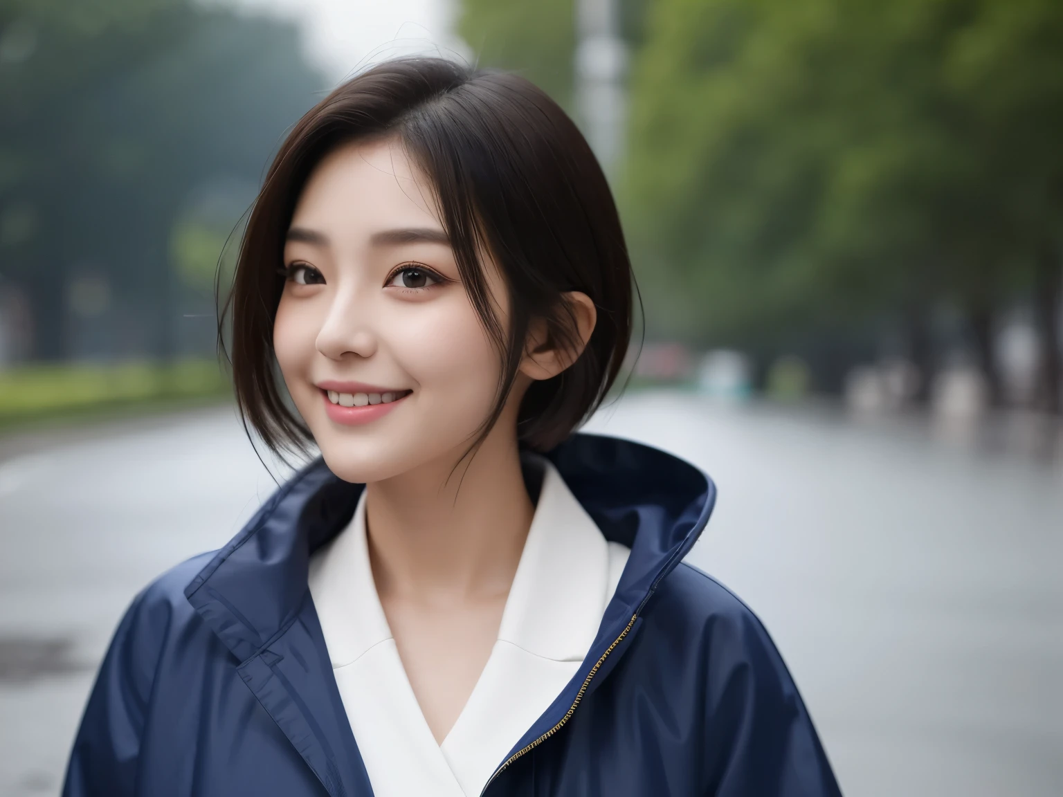 The sun shines, a beautiful girl with large eyes, a sharp nose, and thick lips with a sad smile in the background of the rain. The girl is looking back. She is wearing a Korean idol image, a navy blue raincoat. Brown short hair, brown eyes, and Super Realistic image