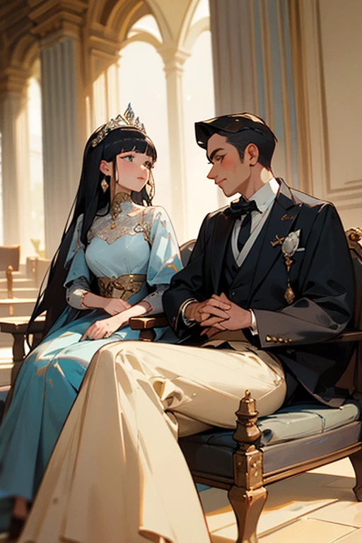 An ancient princess sat side by side with a man dressed in men's clothing, elegant and luxurious((best quality)), ((masterpiece)), (detailed), perfect face