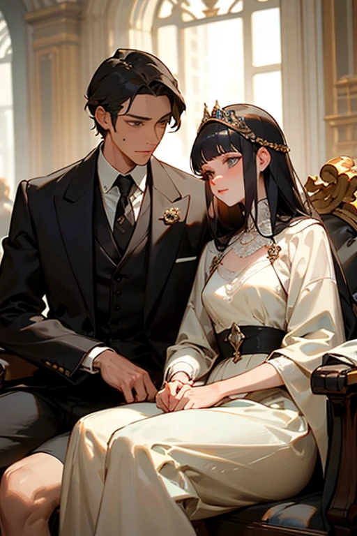An ancient princess sat side by side with a man dressed in men's clothing, elegant and luxurious((best quality)), ((masterpiece)), (detailed), perfect face