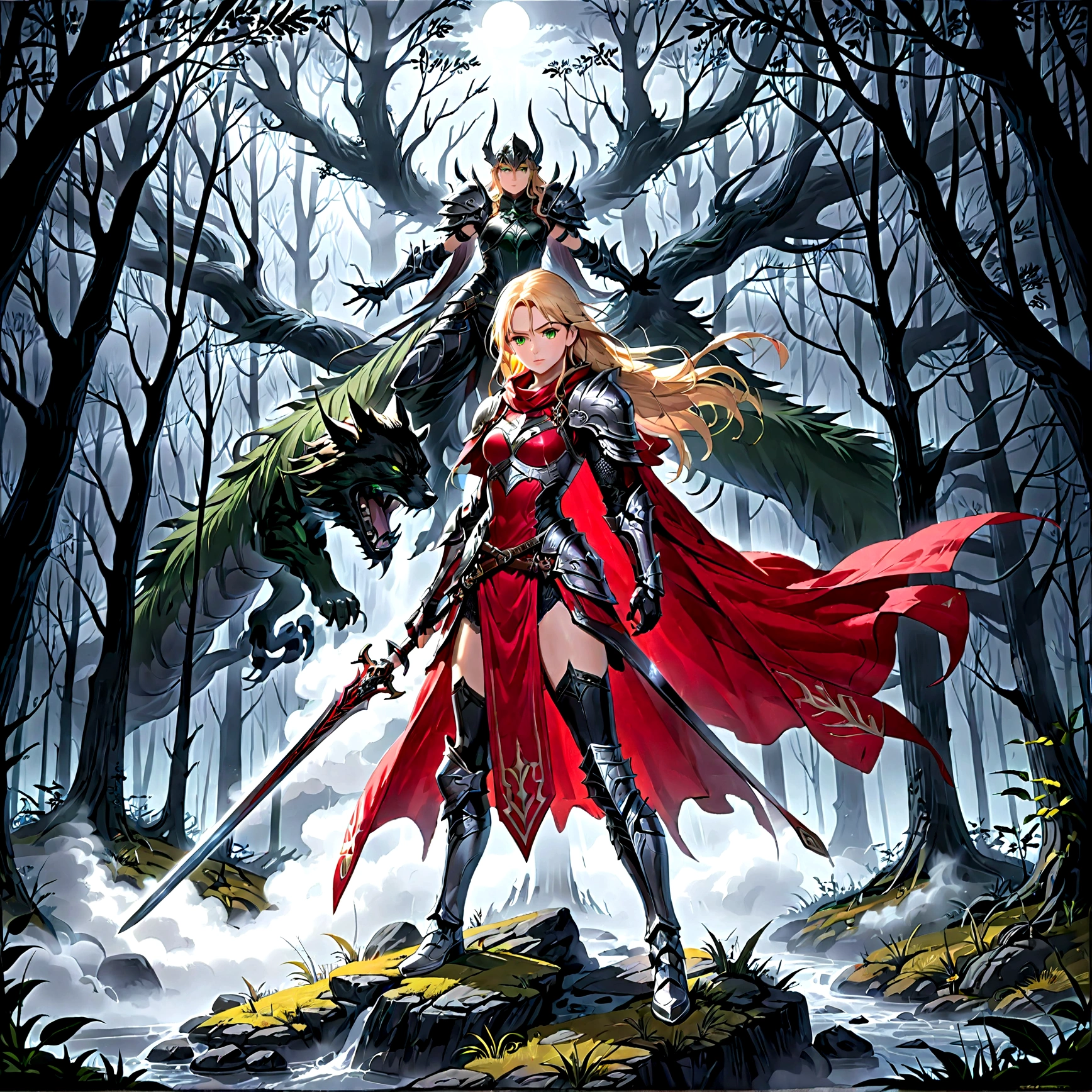 fantasy art, RPG art, Dark fantasy art, ultra wide shot, RAW, photorealistic, a picture of (1single: 1.5) female human ranger, the ranger, an exquisite beautiful human woman, long blond hair, braided hair, green eyes, wearing leather armor, wearing (red cloak: 1.1), armed with a (sword: 1.3), wearing laced boots, standing in a dark forest at night, (mist rising from the grounds: 1.3), a sense of dread and fear, yet she stands defiant and fearless, dark fantasy forest background, best quality, 16k, [ultra detailed], masterpiece, best quality, (ultra detailed), full body, ultra wide shot, photorealism, Sword and shield, dark novel
