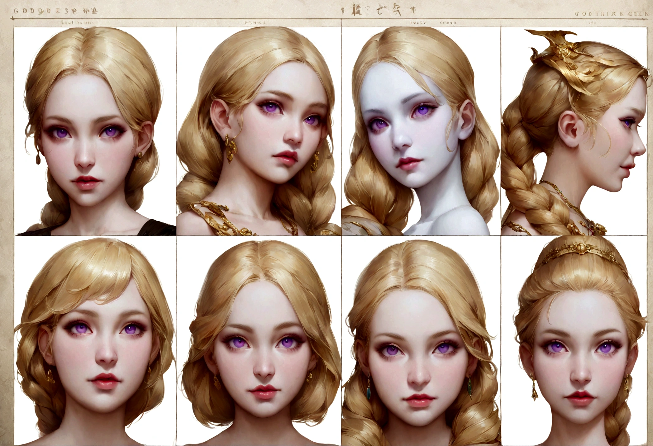 Masterpiece, best quality), detailed, character sheet, many items (the same person, GODDESS , LOT OF JEWELRY, many parts), athletic, busty, GODDES girl, detailed beautiful purple eyes, detailed face, BLONDE and white skin, braided ponytail, full of details,realistic.