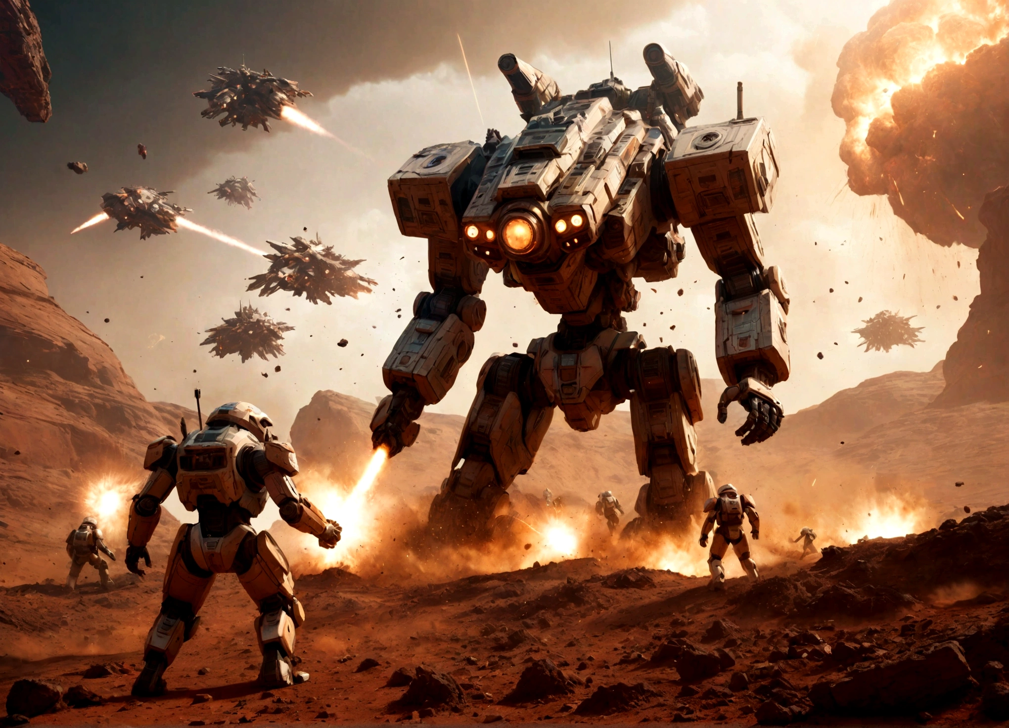 a epic battle scene on the surface of Mars, a massive spaceship battle, futuristic mechs and soldiers fighting, explosions and debris in the sky, gritty and realistic, cinematic lighting, muted color palette, extremely detailed, 8k, photorealistic, concept art style