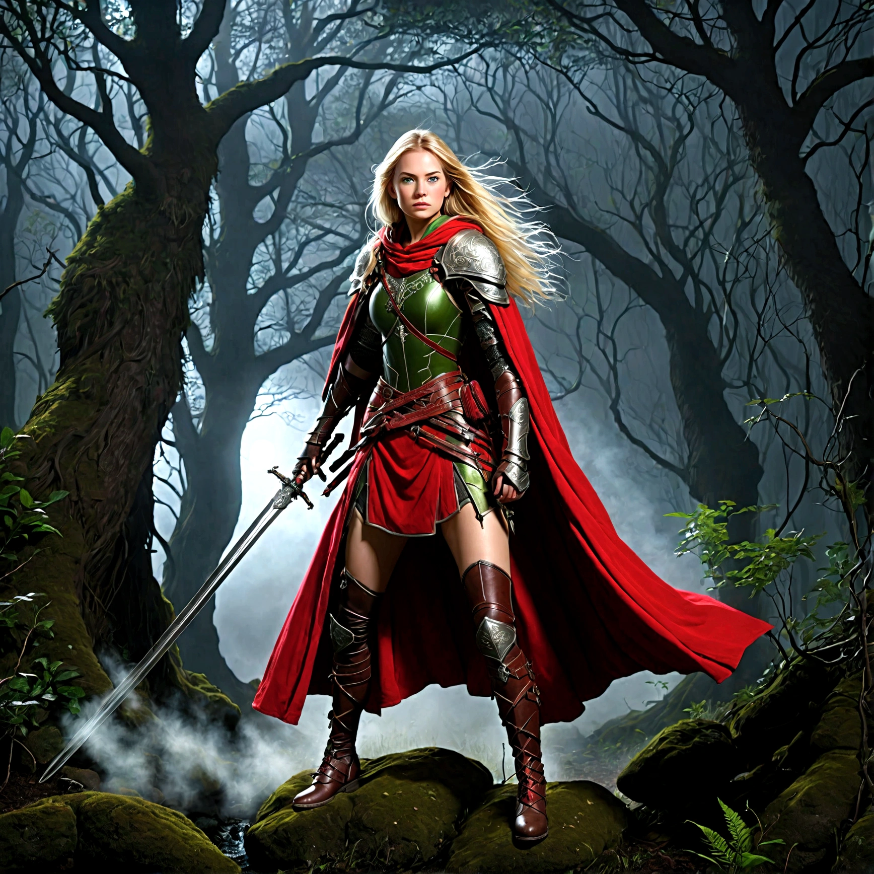 fantasy art, RPG art, Dark fantasy art, ultra wide shot, RAW, photorealistic, a picture of (1single: 1.5) female human ranger, the ranger, an exquisite beautiful human woman, long blond hair, braided hair, green eyes, wearing leather armor, wearing (red cloak: 1.1), armed with a (sword: 1.3), wearing laced boots, standing in a dark forest at night, (mist rising from the grounds: 1.3), a sense of dread and fear, yet she stands defiant and fearless, dark fantasy forest background, best quality, 16k, [ultra detailed], masterpiece, best quality, (ultra detailed), full body, ultra wide shot, photorealism, Sword and shield, dark novel